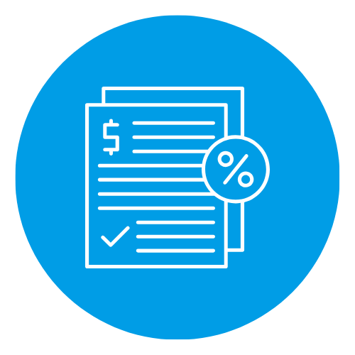Icon of financial documents with a dollar sign, checkmark, and percentage symbol on a blue circular background.