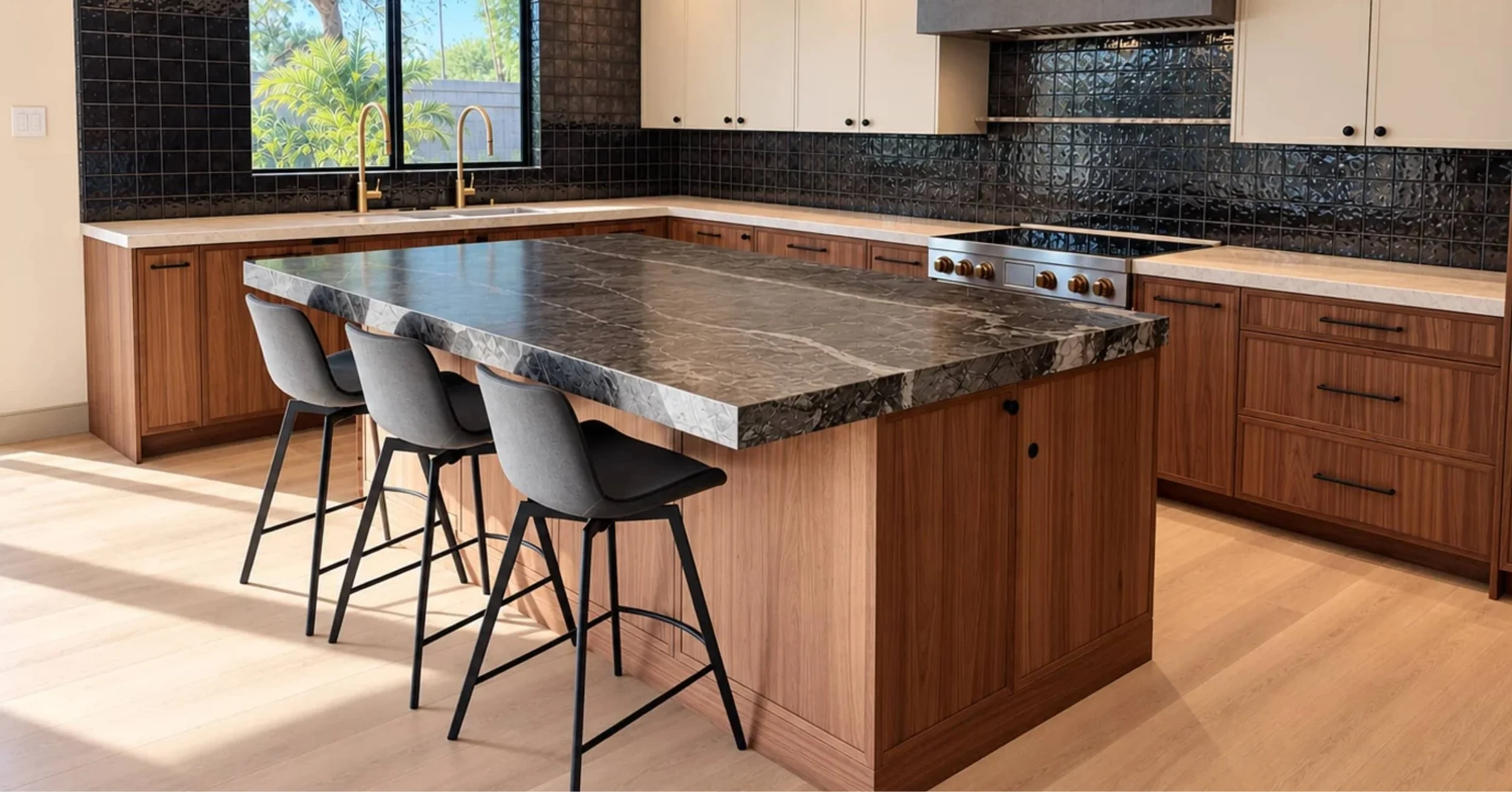 Walnut kitchen island with dark stone countertop and three gray counter stools, set against a black tile backsplash and range