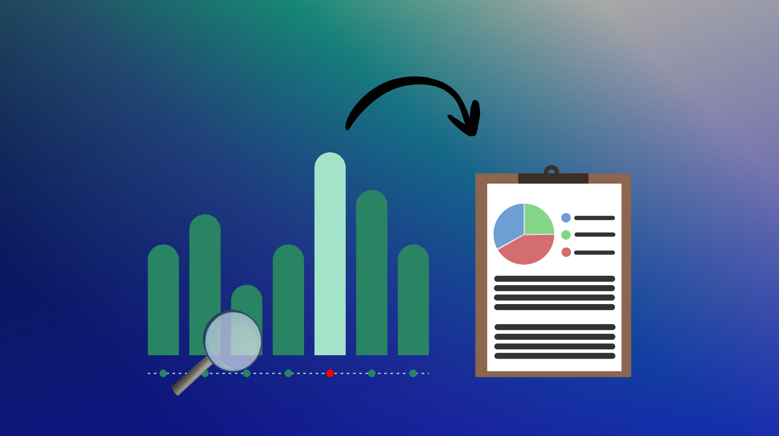Digital screens displaying various financial charts and graphs, including bar graphs, line charts, and pie charts, on a blue background.