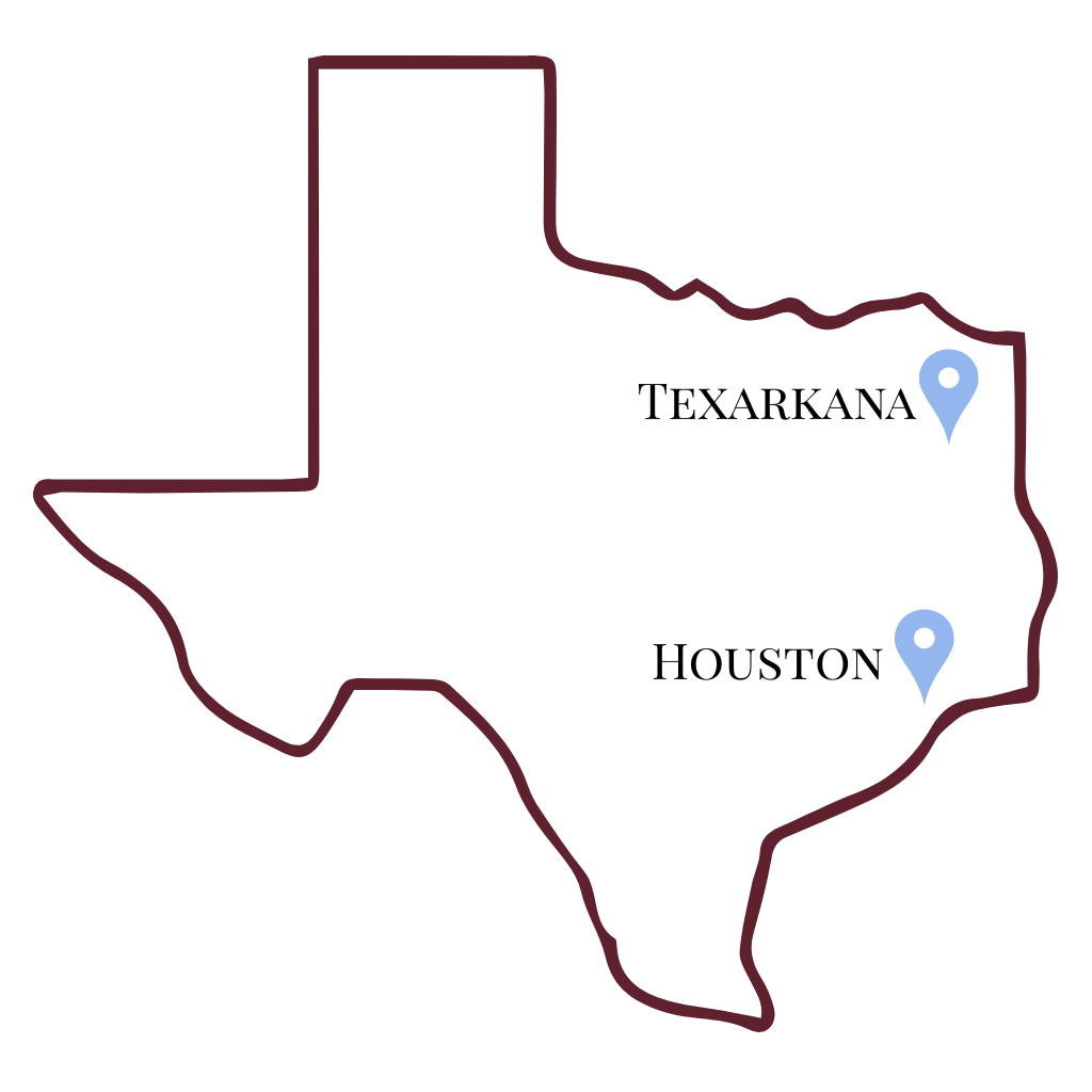 Outline map of Texas with two blue location markers.