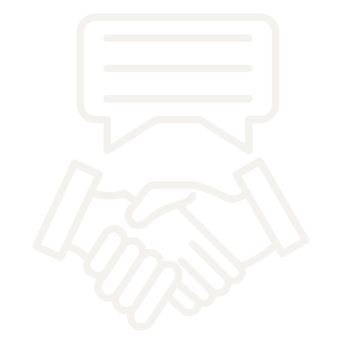 Outline drawing of two hands shaking with a speech bubble above them.