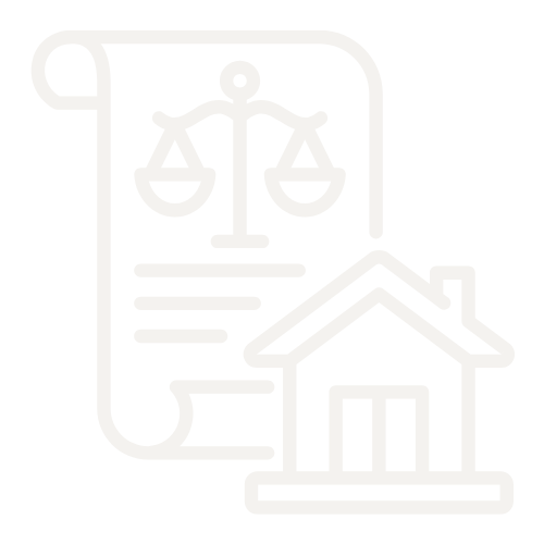 Icon of a legal document with scales of justice and a house, representing real estate law or legal services related to housing.
