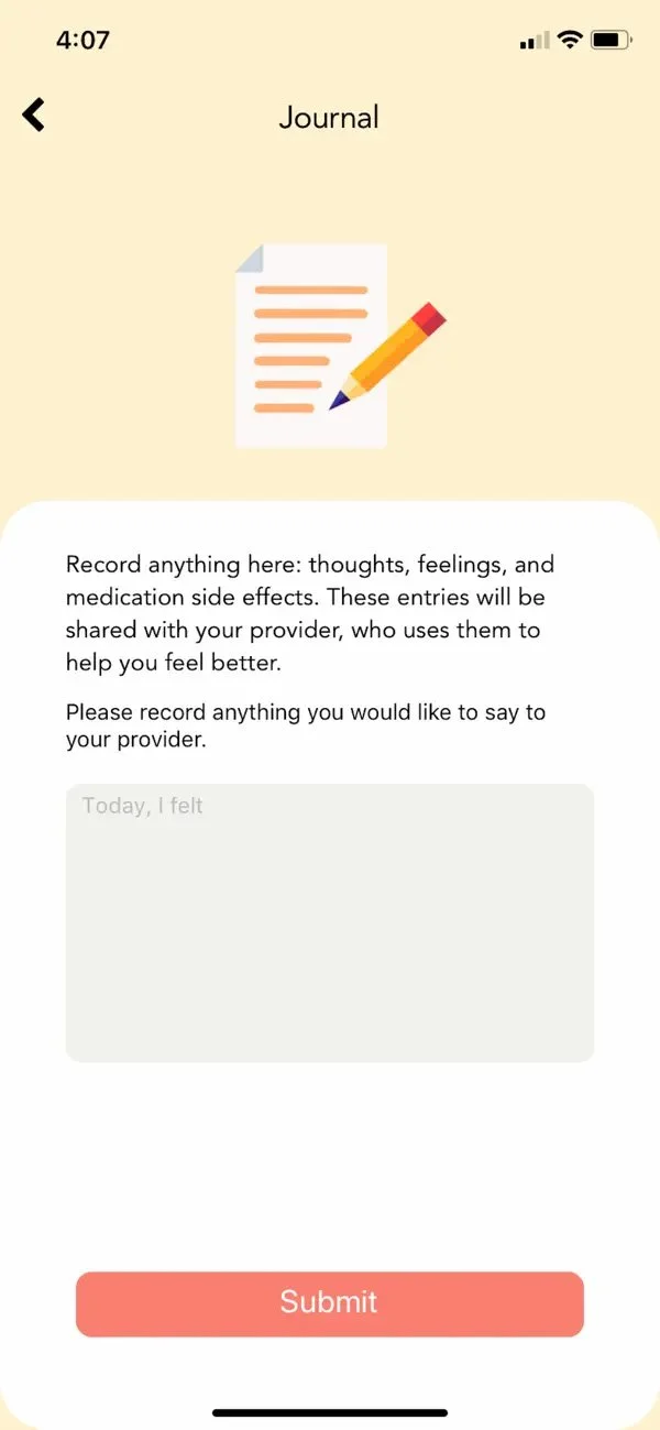 Mobile app screen showing a journal entry page with a paper and pencil illustration at the top, instructions to record thoughts and feelings, a text input box, and a red 'Submit' button at the bottom.