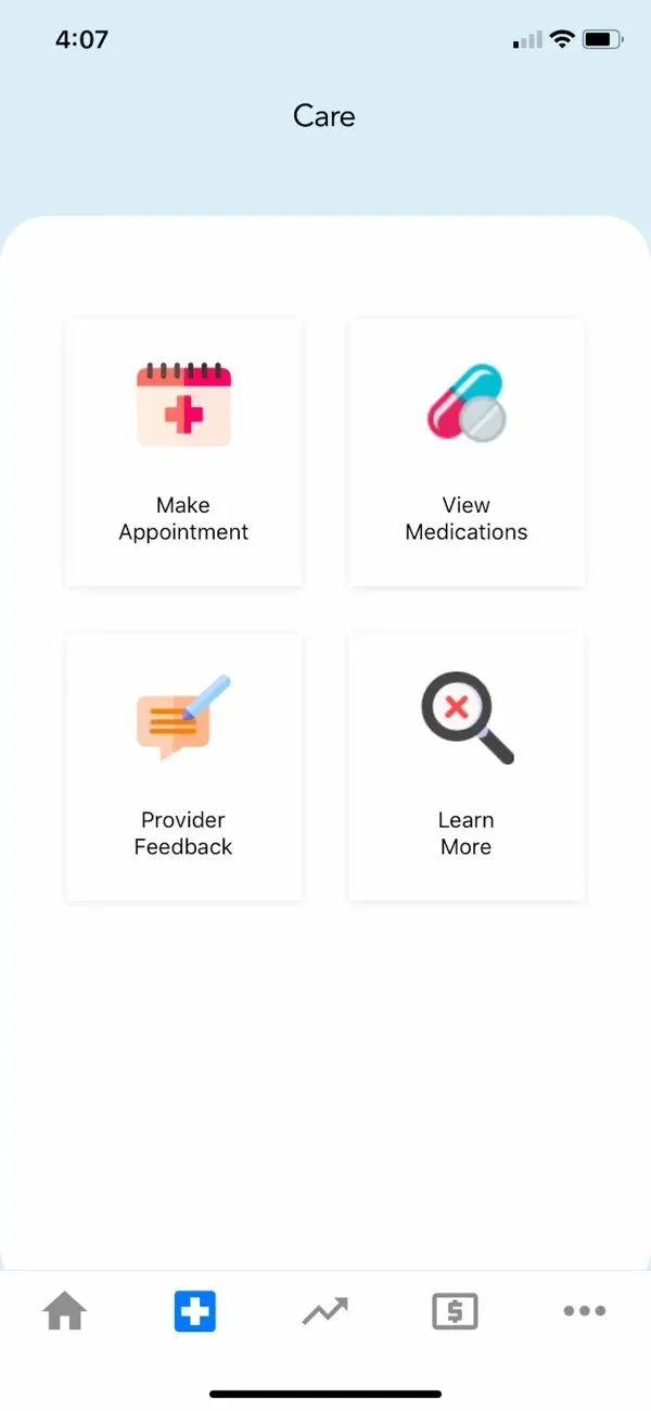 Mobile app screen titled 'Care' with four icons: a calendar with a red cross for 'Make Appointment,' pills for 'View Medications,' a speech bubble with a pencil for 'Provider Feedback,' and a magnifying glass for 'Learn More'.