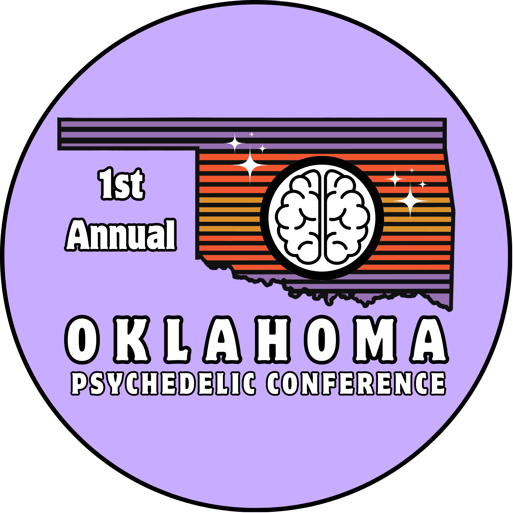 Logo for the 1st Annual Oklahoma Psychedelic Conference featuring a stylized map of Oklahoma with a brain illustration in the center, pink and purple background, and sparkling star accents.