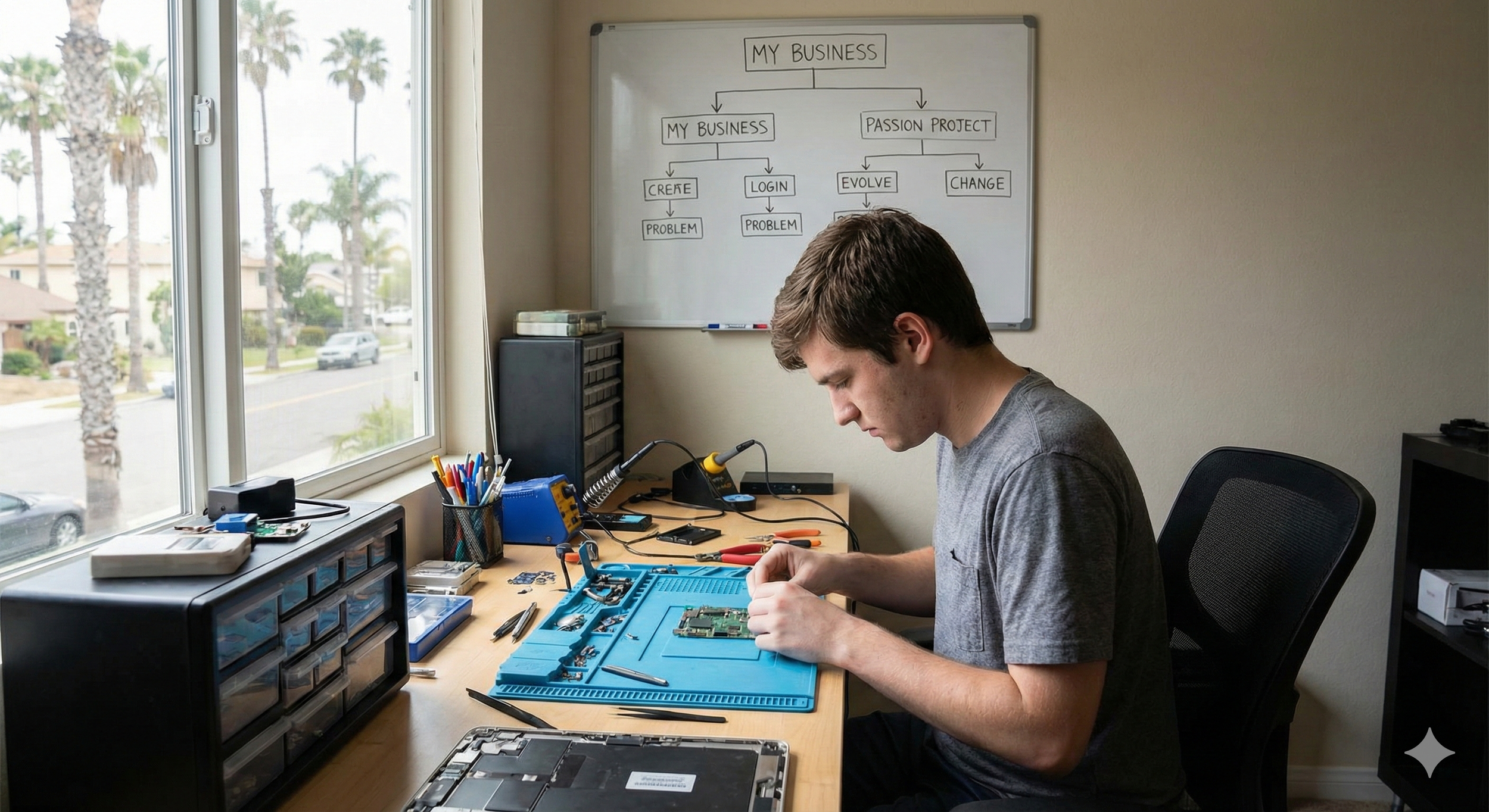 A young man working on electronics repair at a desk with tools and electronic parts, near a window with a view of a street with palm trees; whiteboard on the wall with a flowchart titled 'MY BUSINESS'.
