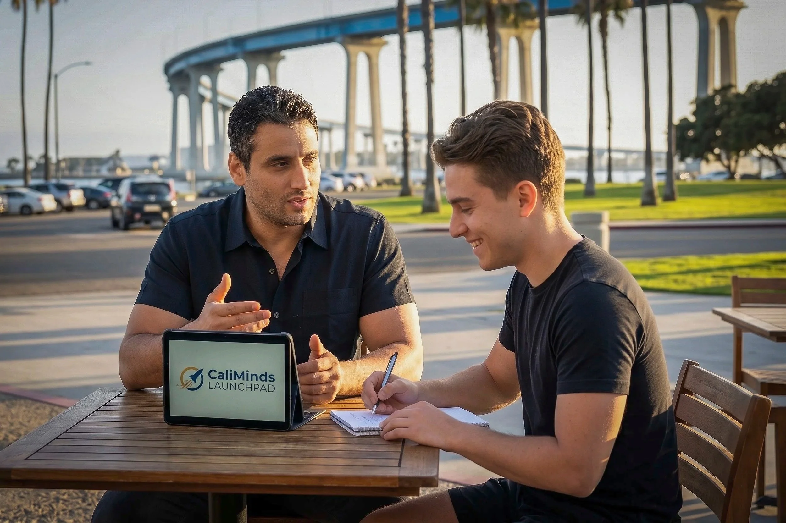 Two men sitting at an outdoor table having a discussion, with a laptop displaying the CaliMinds Launchpad logo and a notebook in front of one of them. They are near a parking lot and a bridge, with palm trees in the background during daytime.