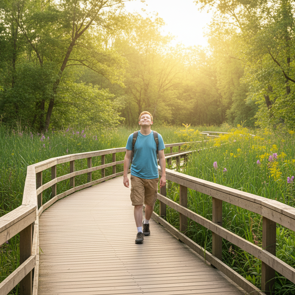 A young man walking on a wooden boardwalk through a lush green forest during sunset, smiling and looking upward.
