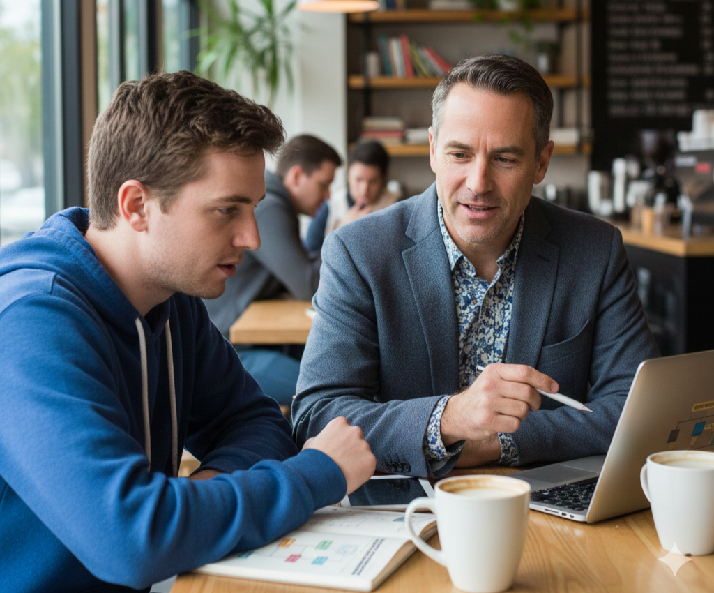 Two men sitting at a coffee shop table looking at a laptop and a tablet, with coffee cups in front of them, engaged in conversation.