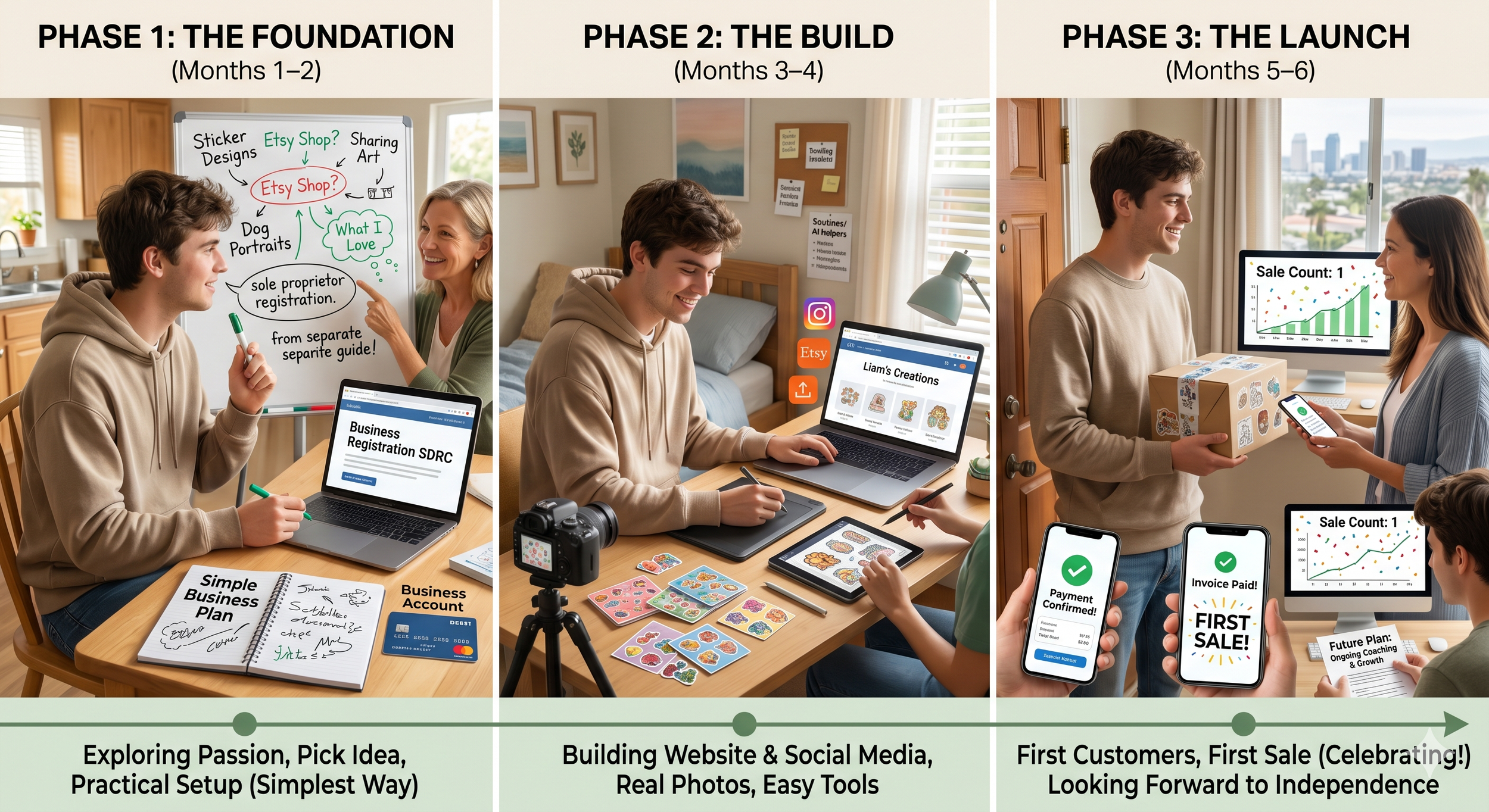 A three-phase infographic illustrating the process of starting a small business. Phase 1 shows a person presenting ideas on a whiteboard; phase 2 depicts a person working on a laptop and tablet with stickers and social media icons; phase 3 features a person handing a gift box to another person with a computer displaying sales data. Each phase emphasizes planning, building, and launching a business.