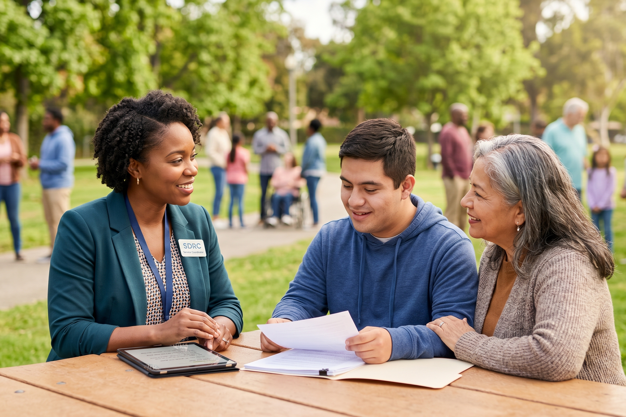 Three people sitting at a wooden table outdoors, two women and one man, looking at papers and smiling, with a woman in a teal blazer having a name tag that reads 'SDRC' and a tablet on the table. In the background, a park with trees and several other people walking or standing.