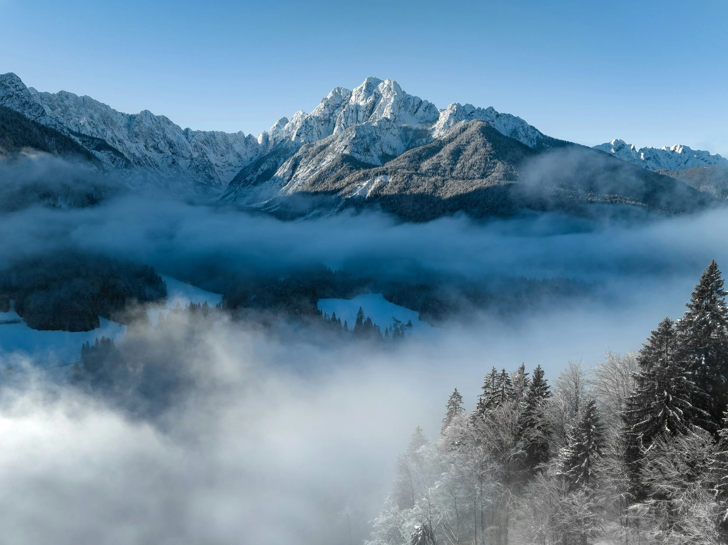 Snow-covered mountains and forest shrouded in mist