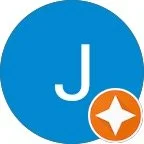 Blue circle with a white letter 'J' and an orange star badge
