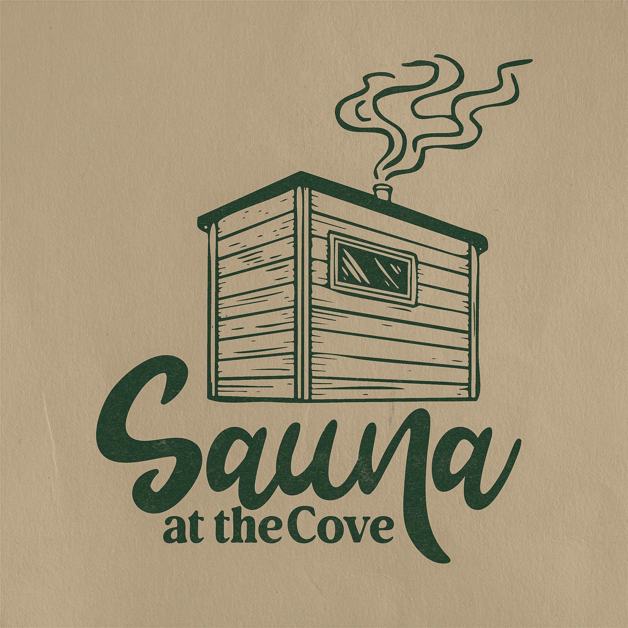 Line drawing of a small wooden cabin with a chimney emitting smoke, and the text "Sauna at the Cove" below it.