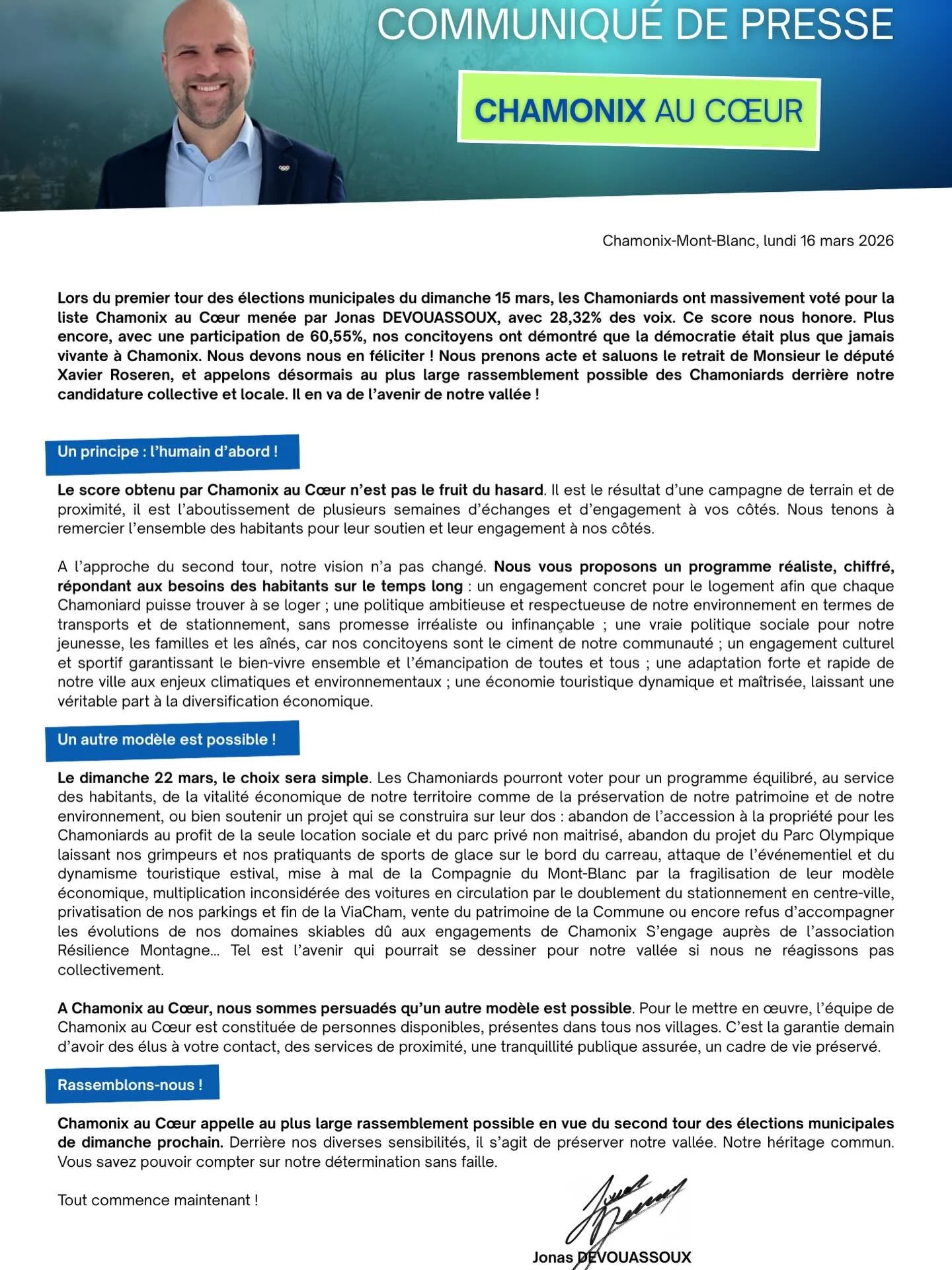 📄 Communiqu&eacute; de presse❗️

💚 Chamonix au C&oelig;ur appelle au rassemblement le plus large possible pour le second tour des &eacute;lections municipales de Chamonix. Un autre projet est possible. Il en va de l&rsquo;avenir de notre vall&eacut