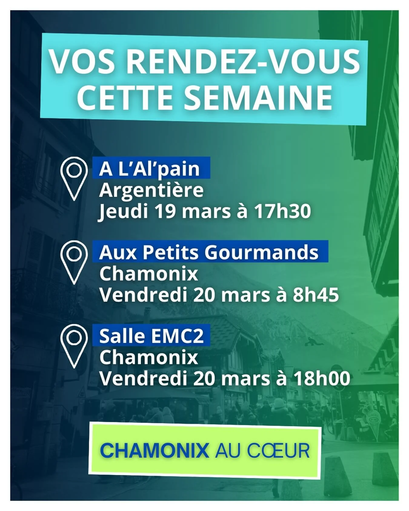 📆 Vos RDV de la semaine :

📍 &Agrave; L&rsquo;Al&rsquo;pain - Argenti&egrave;re
⏰ Jeudi 19 mars &agrave; 17h30

📍 Aux Petits Gourmands
⏰ Vendredi 20 mars &agrave; 8h45

📍 Salle EMC2
⏰ Vendredi 20 mars &agrave; 18h00