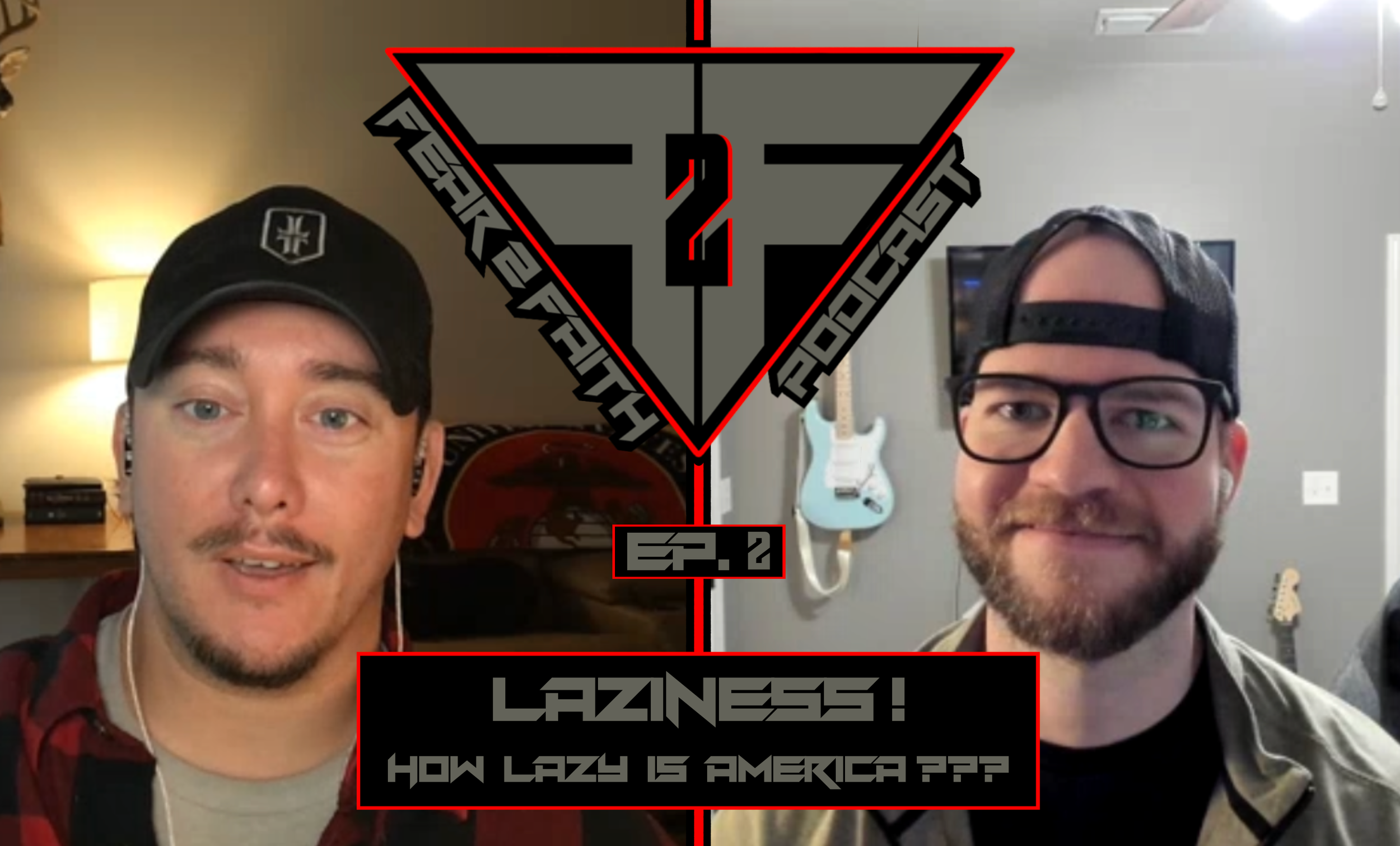 A split-screen image of two men in their rooms, with a logo and text overlay. The man on the left wears a black cap and a headphone, while the man on the right wears glasses and a backwards baseball cap. The logo in the center reads "T,