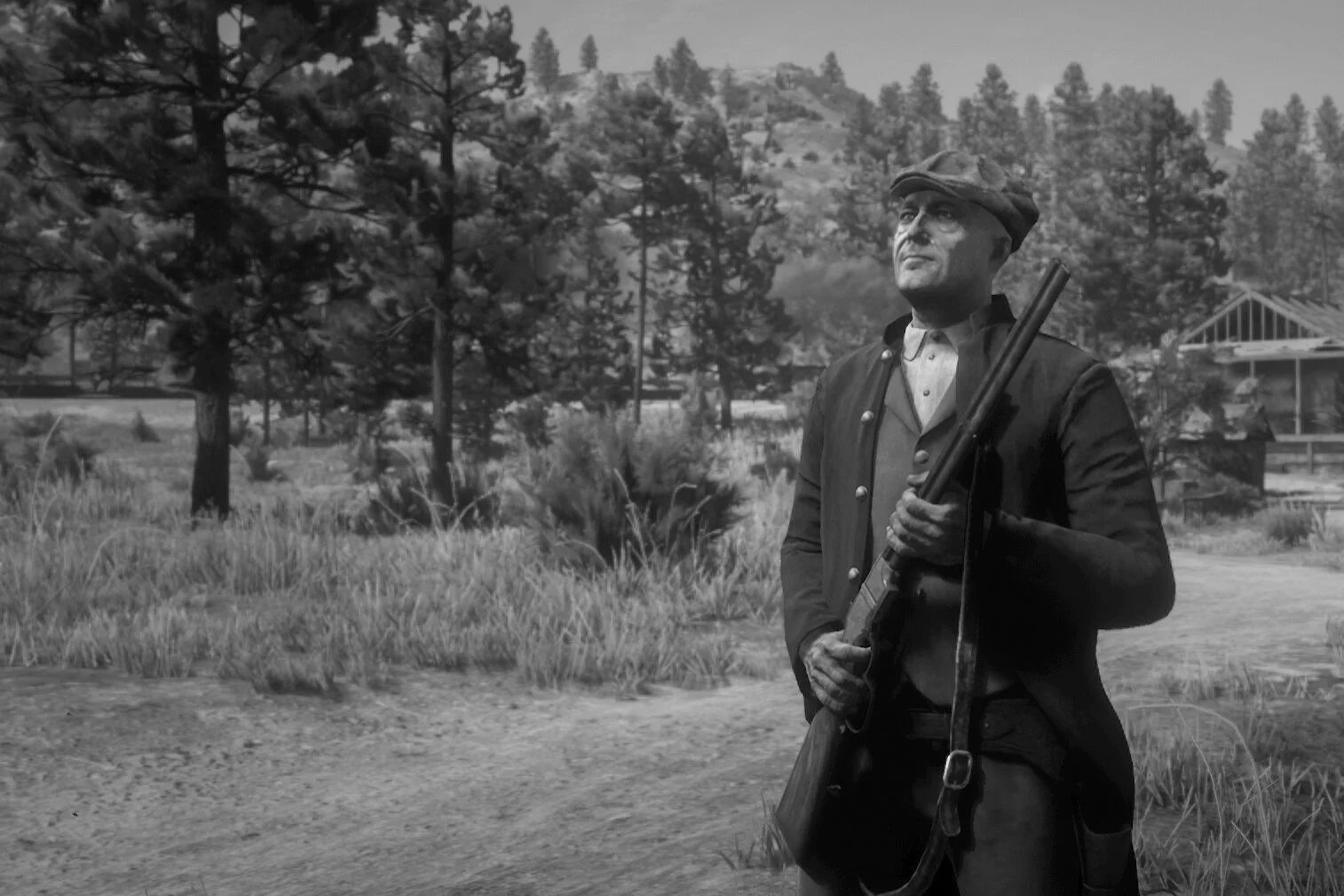 A black-and-white image of a man dressed as a historical soldier or frontiersman, holding a rifle, with a rural scene of trees, grass, and a house in the background.