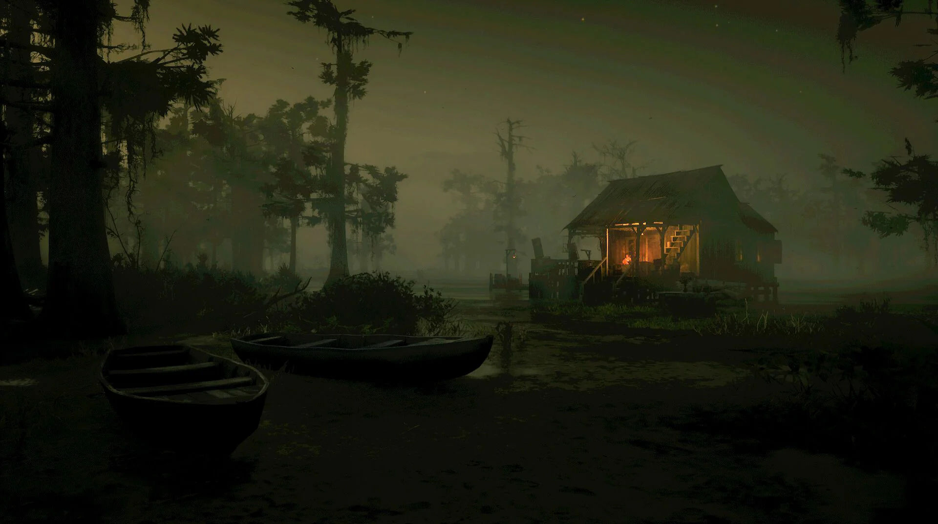 A dark swamp at night with a small wooden cabin illuminated from within. Two boats are on the water in the foreground, surrounded by tall trees and dense vegetation.
