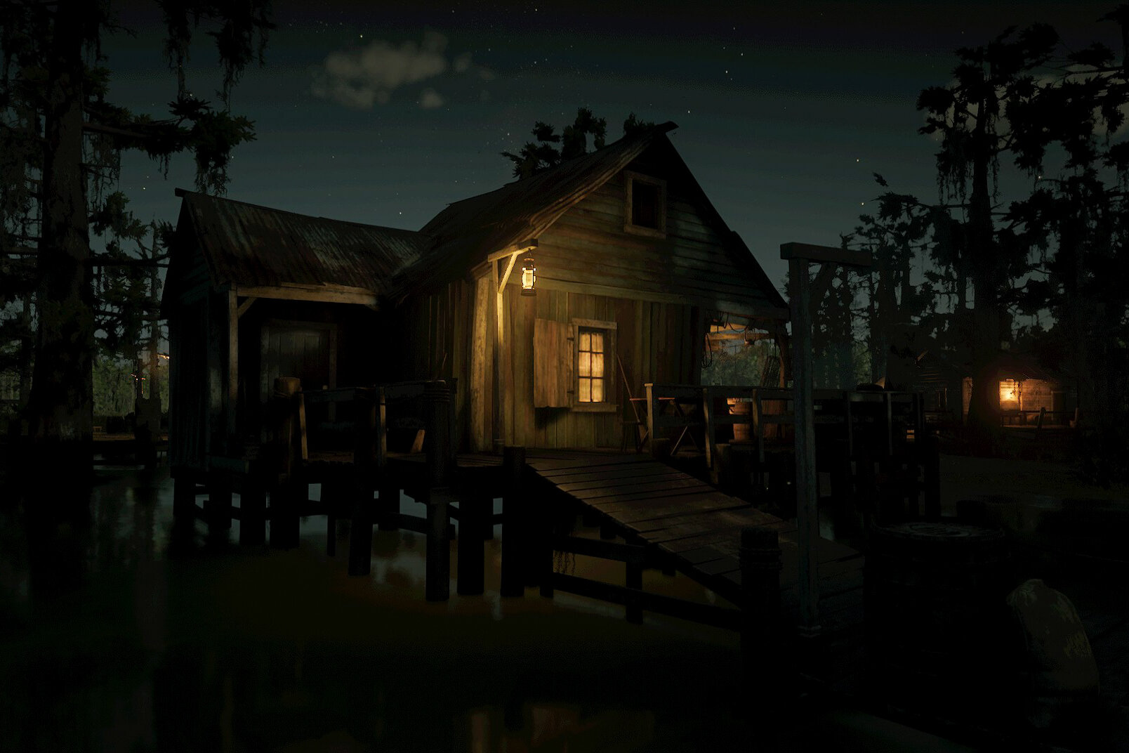 A rustic wooden house on stilts illuminated by a lantern at night, with a dark sky, stars, and surrounding trees.