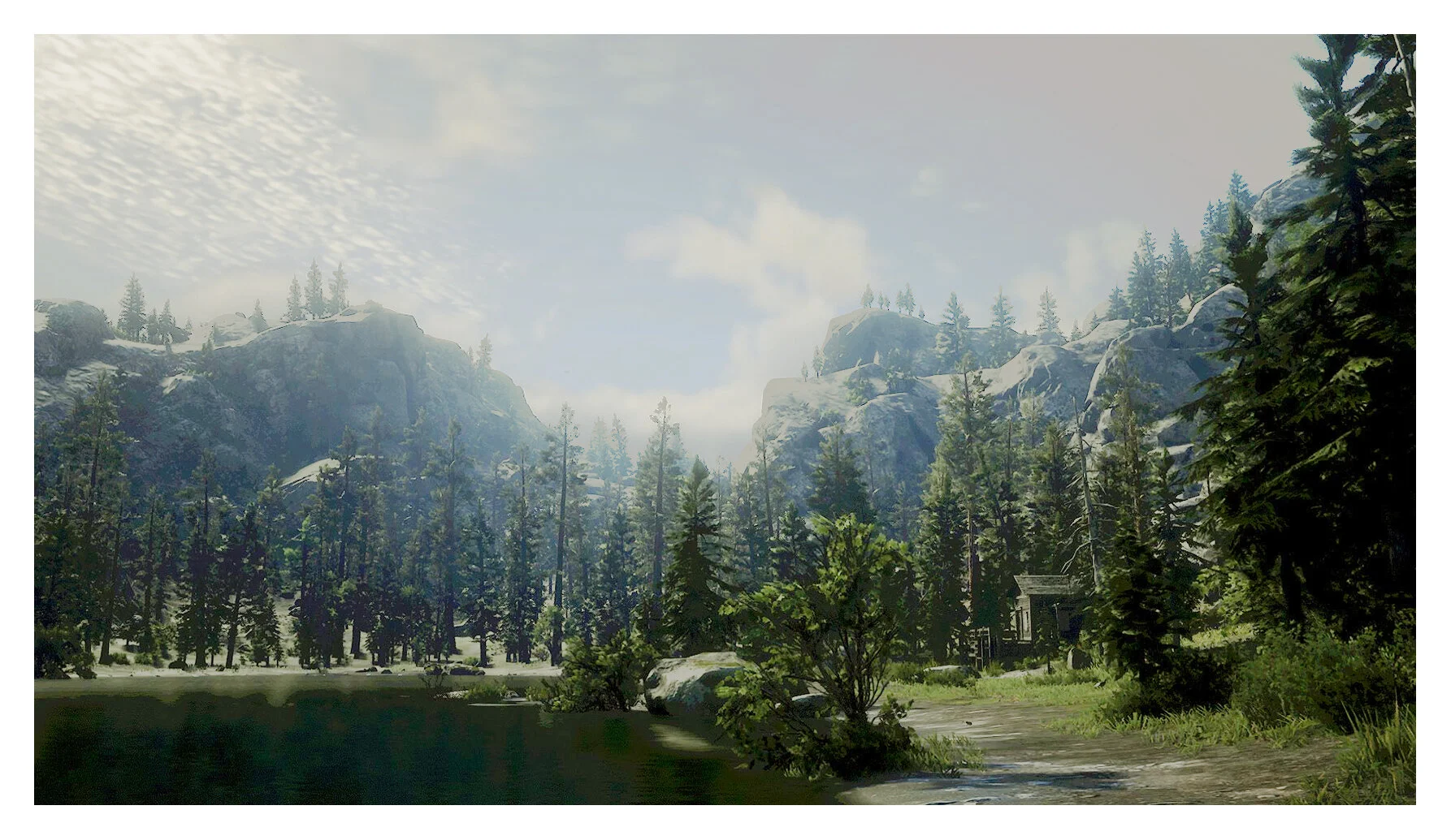A scenic landscape of a forested mountain valley with tall pine trees, rocky mountain peaks, and a clear sky with some clouds.