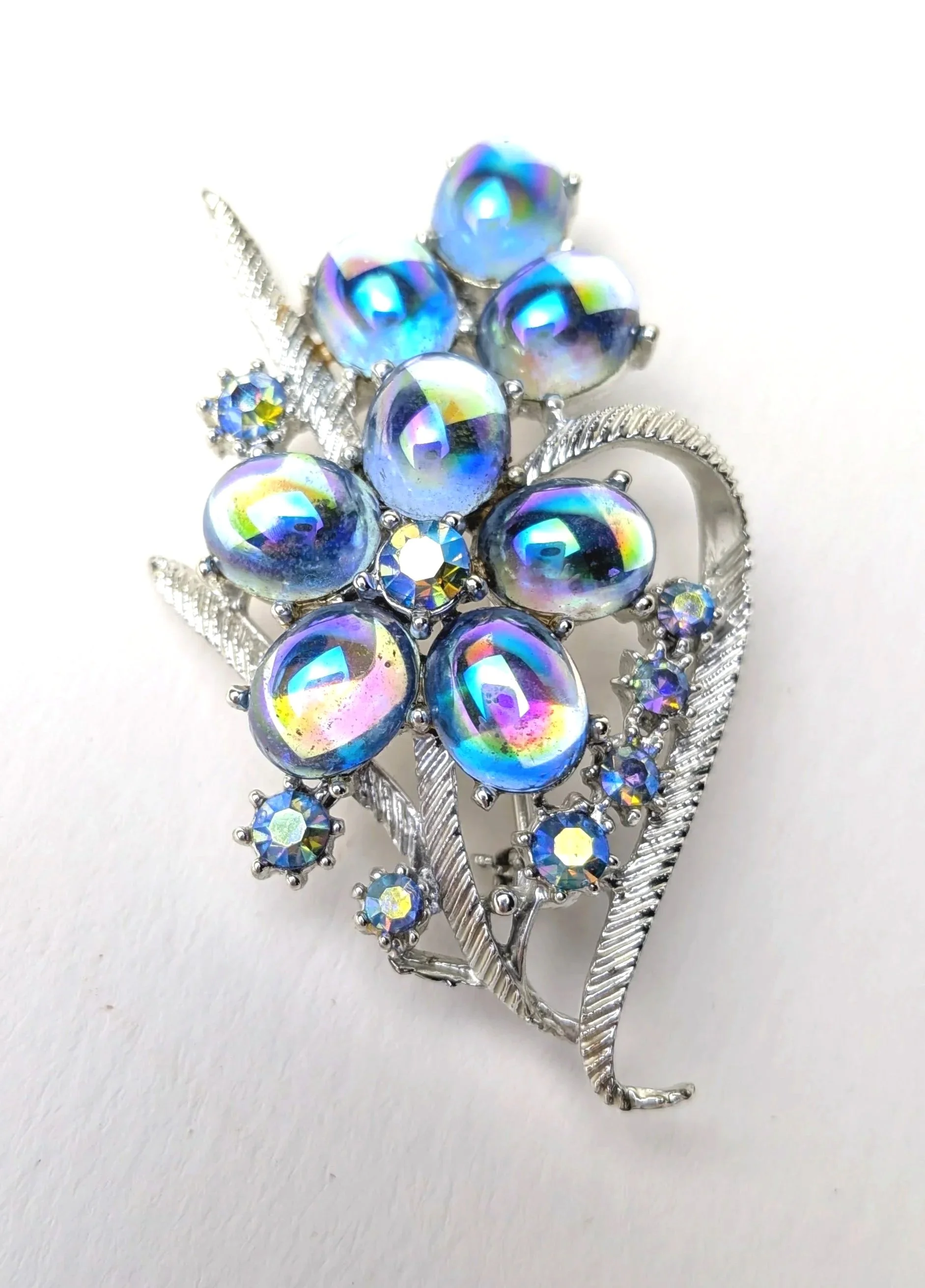 Vintage Aurora Borealis Cabochon & Rhinestone Floral Spray Brooch