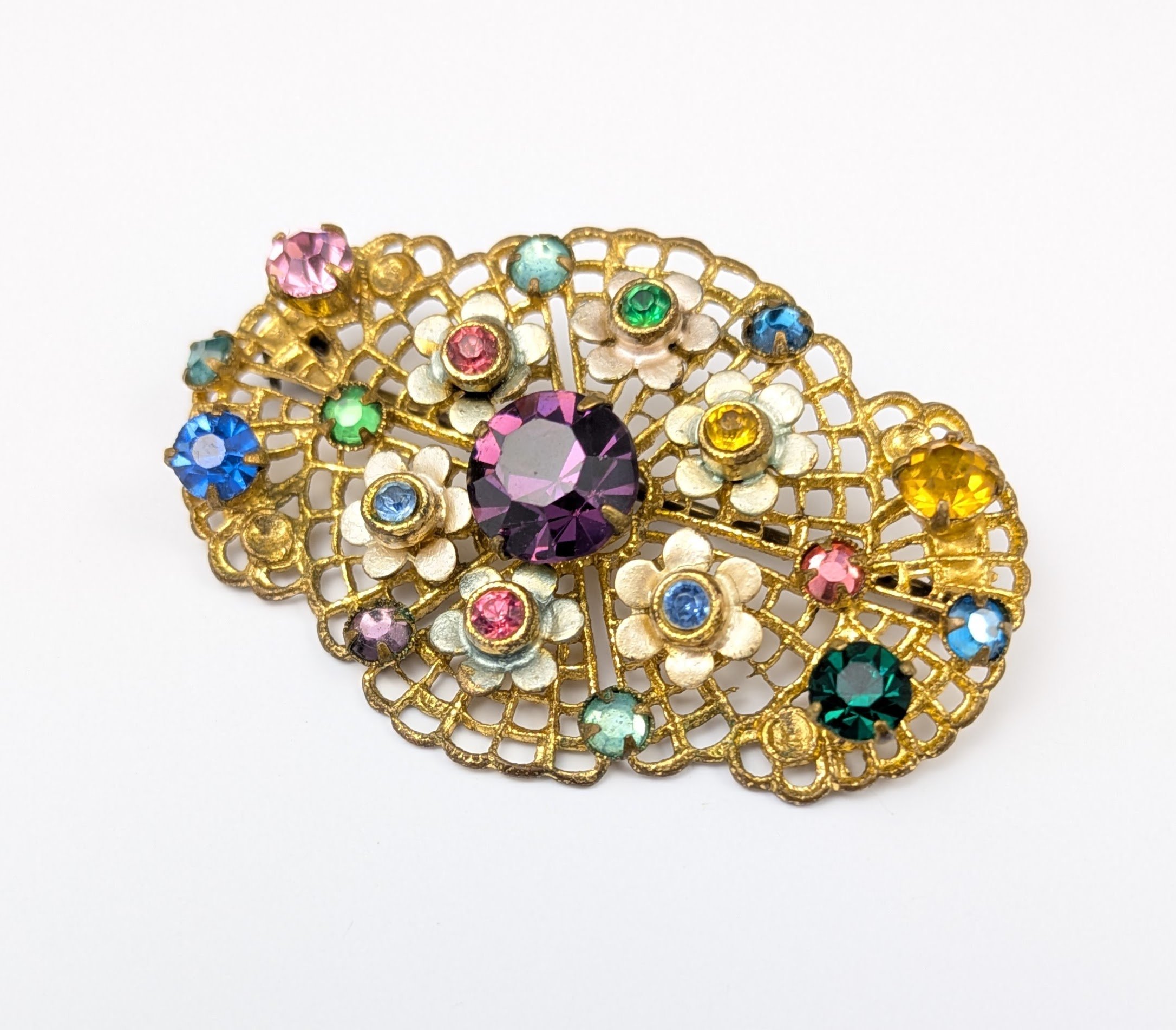 Vintage Czech Glass Filigree Brooch, Multicolor Prong-Set Stones, Gold-Tone