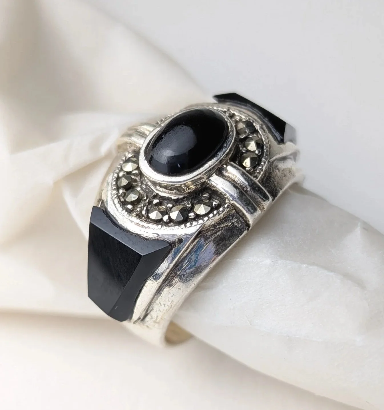 Vintage Sterling Black Onyx & Marcasite Ring