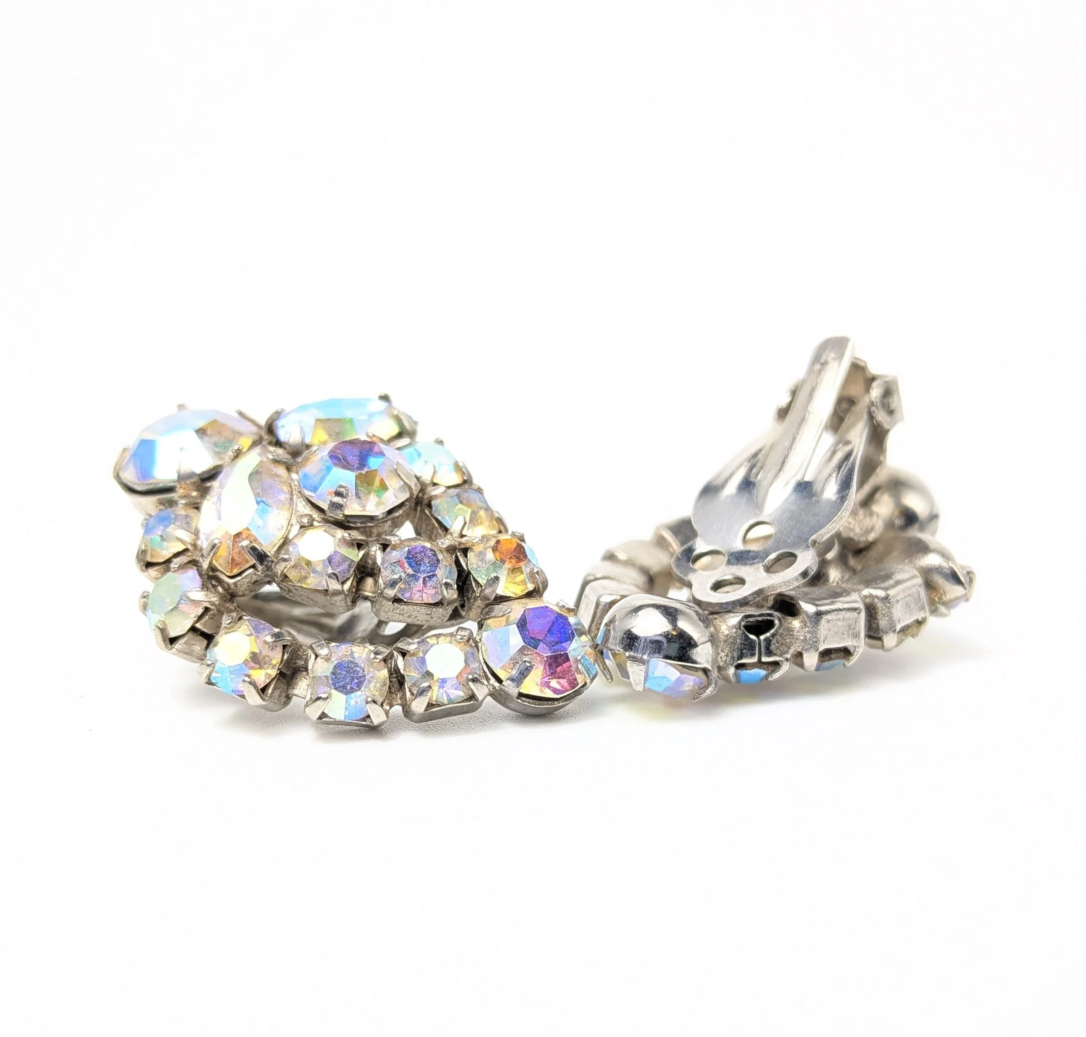 AB Rhinestone Clip Earrings Silver Tone Unsigned Mid Century 4.jpg