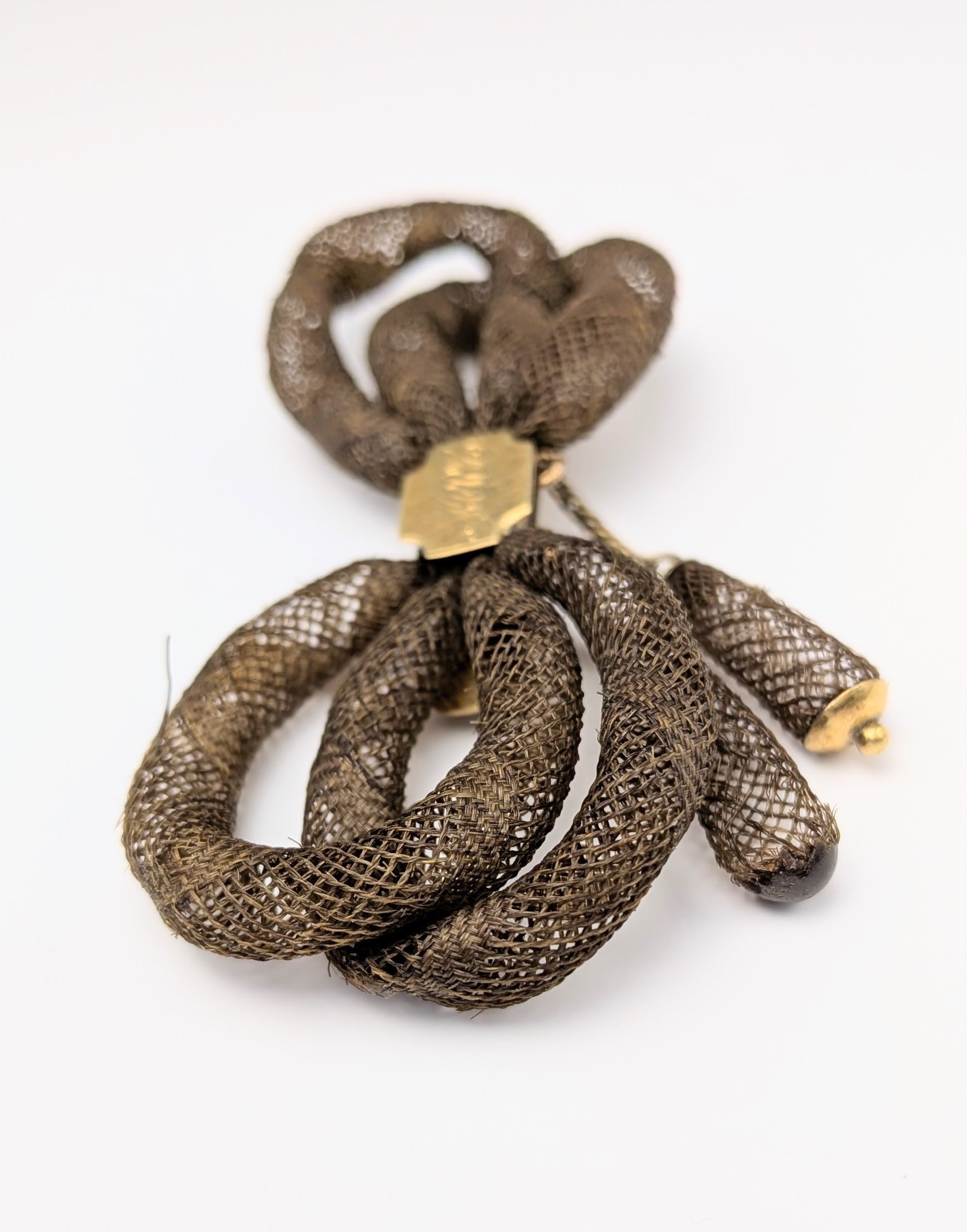 Antique Victorian Woven Hair Mourning Brooch Bow Gold Filled Monogram Oddities 3.jpg