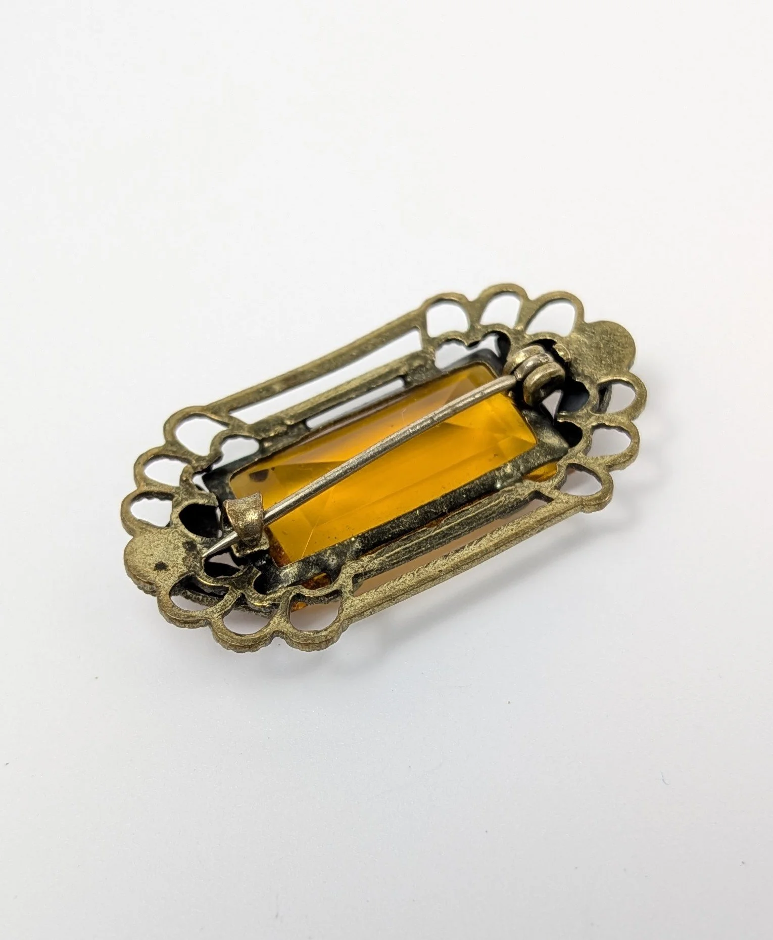 Vintage Art Deco Amber Czech Glass Brooch Enamel Leaves Filigree C Clasp 2.jpg