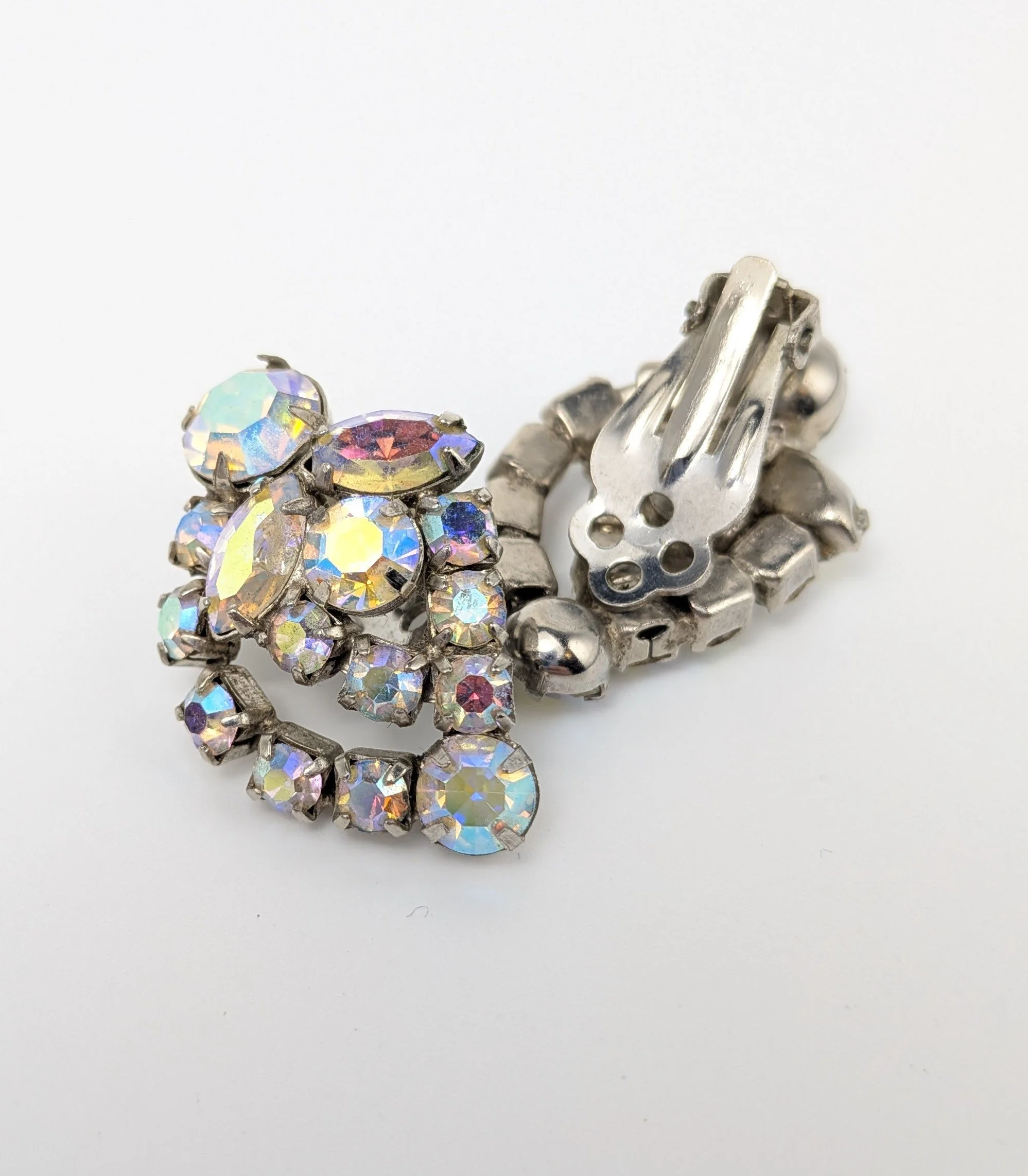 AB Rhinestone Clip Earrings Silver Tone Unsigned Mid Century 1.jpg