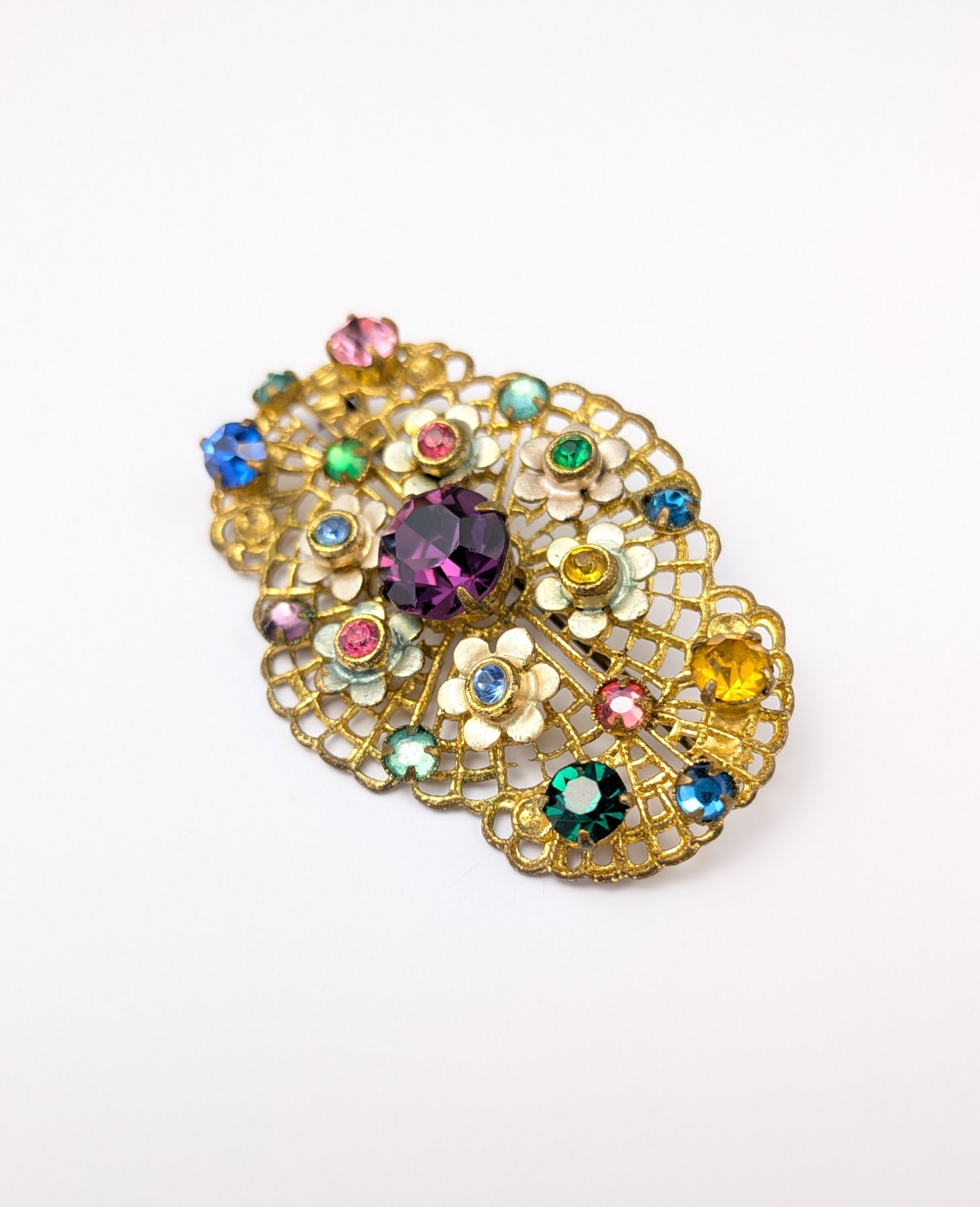 Vintage Czech Glass Filigree Brooch Multicolor Prong-Set Stones Gold-Tone 5.jpg