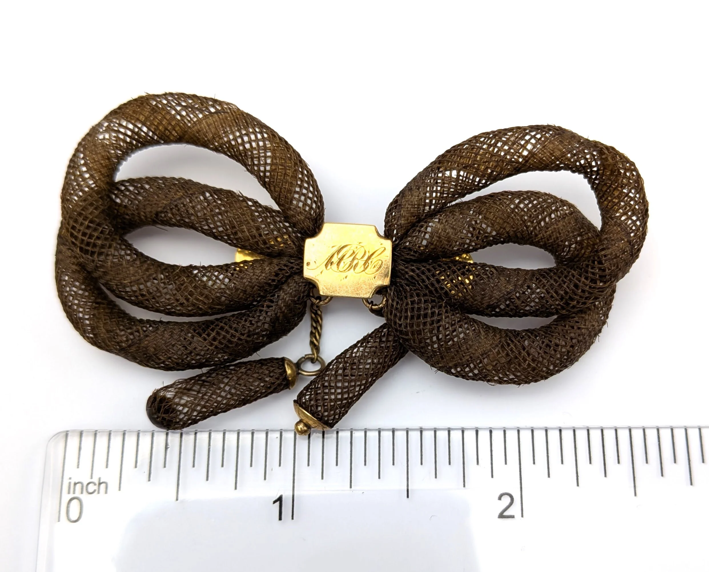 Antique Victorian Woven Hair Mourning Brooch Bow Gold Filled Monogram Oddities 7.jpg