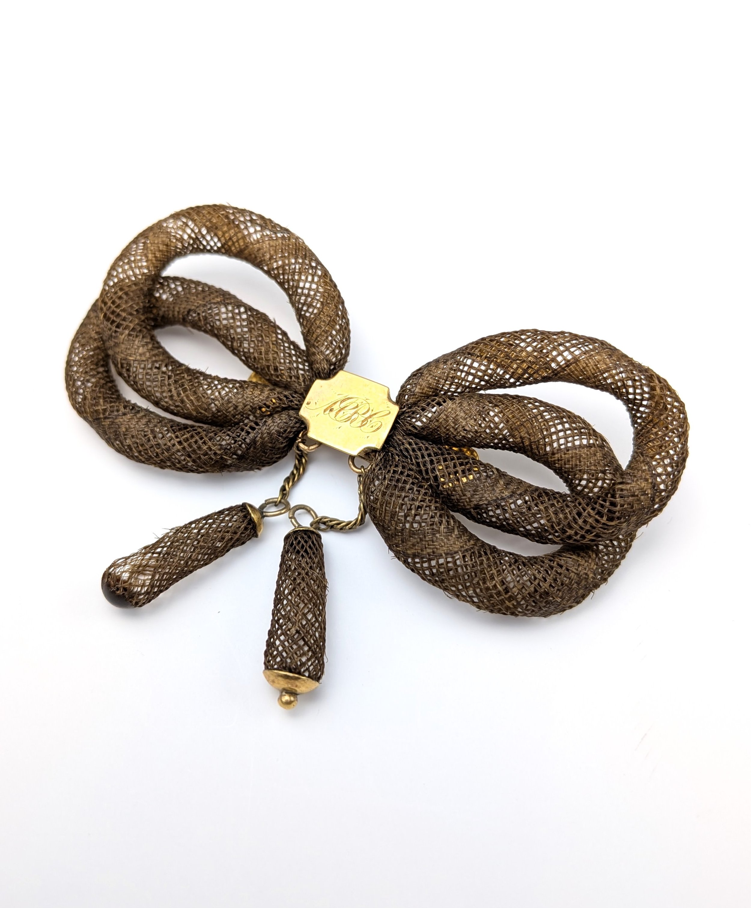 Antique Victorian Woven Hair Mourning Brooch Bow Gold Filled Monogram Oddities 8.jpg