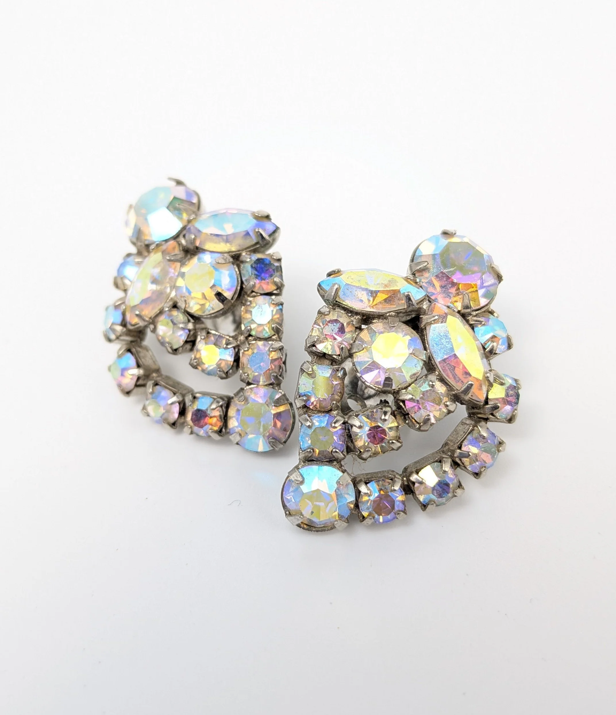 AB Rhinestone Clip Earrings Silver Tone Unsigned Mid Century 2.jpg