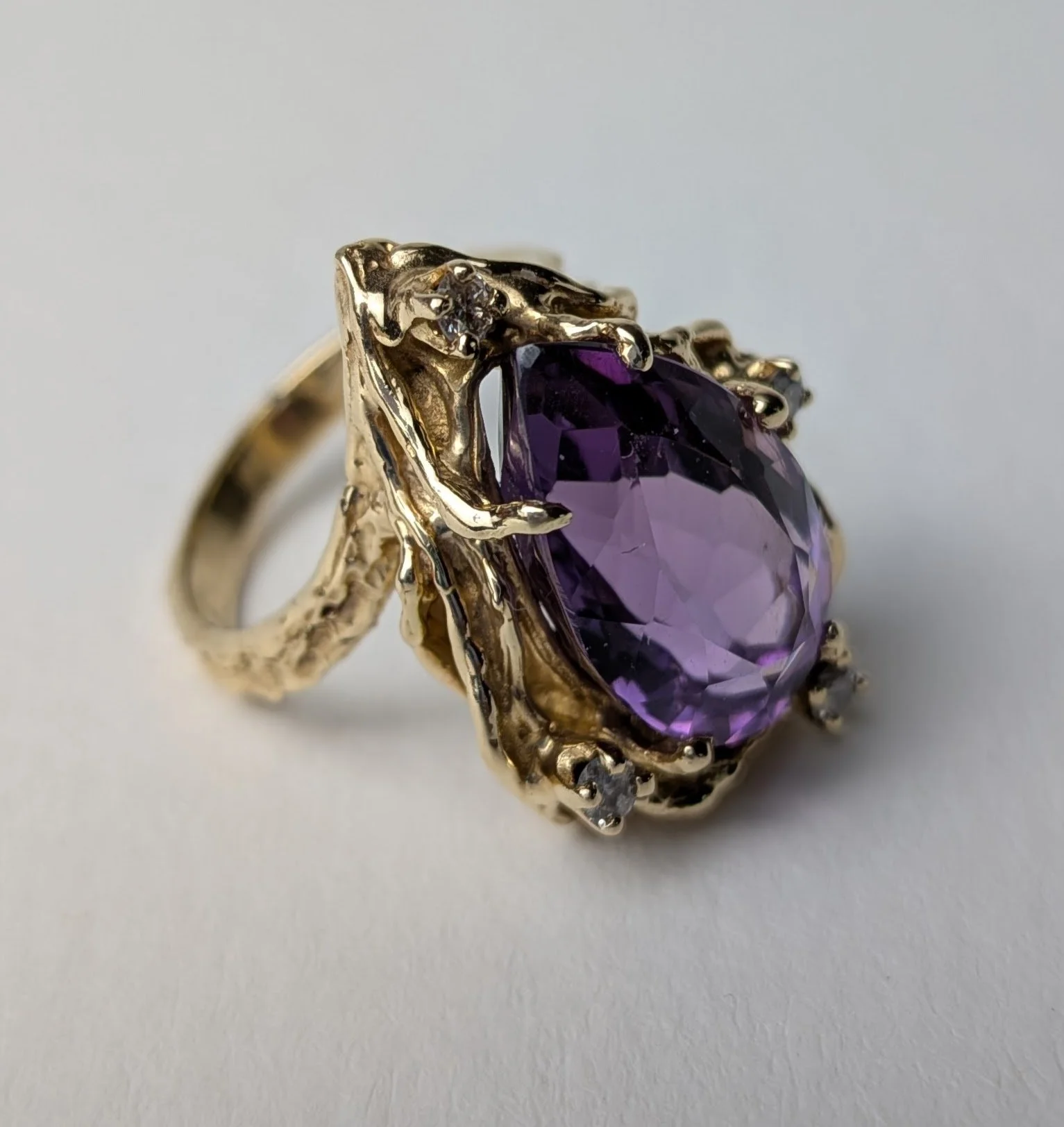 14k Gold Amethyst Diamond Ring Brutalist Handmade
