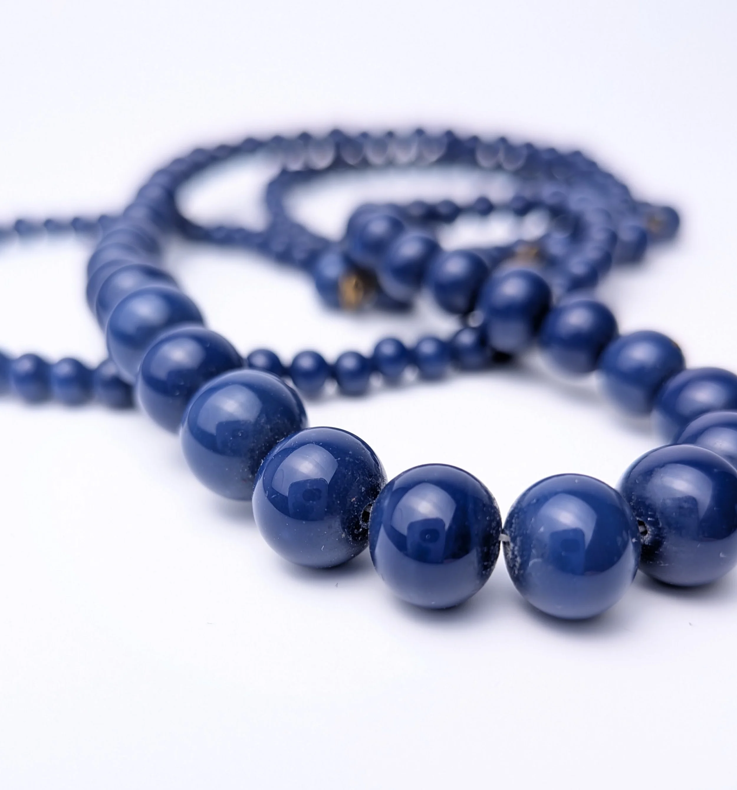Navy Blue Glass Beaded Necklace Graduated Mid Century 3.jpg