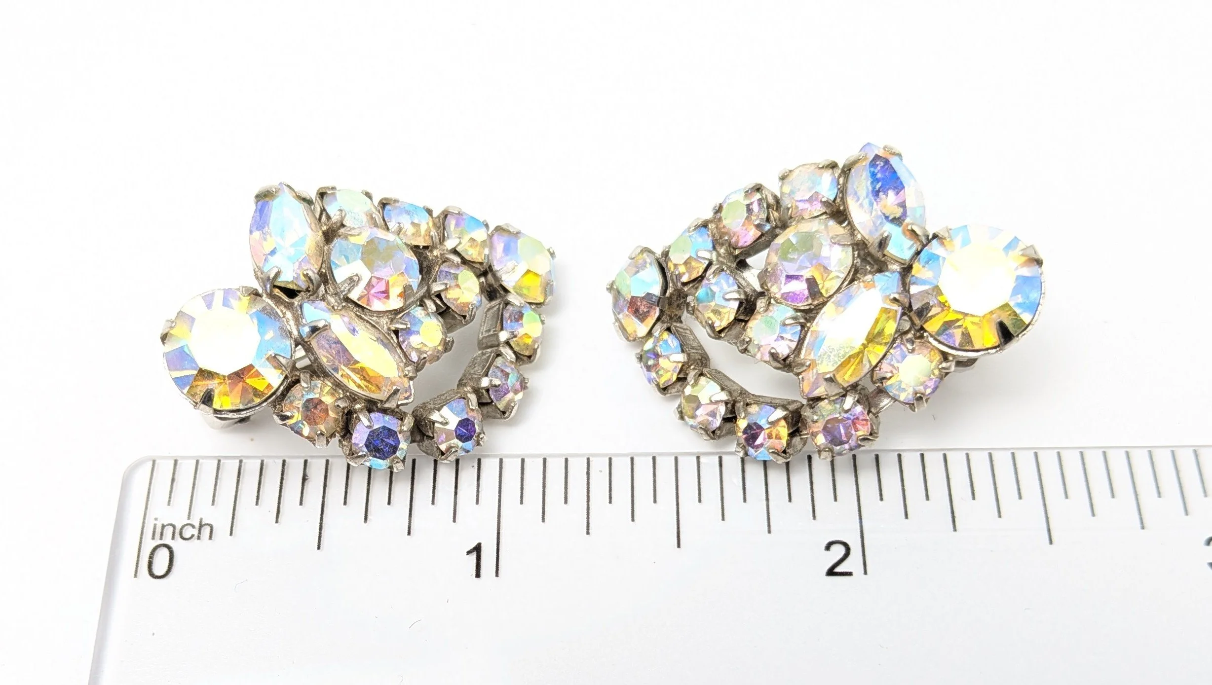 AB Rhinestone Clip Earrings Silver Tone Unsigned Mid Century 5.jpg