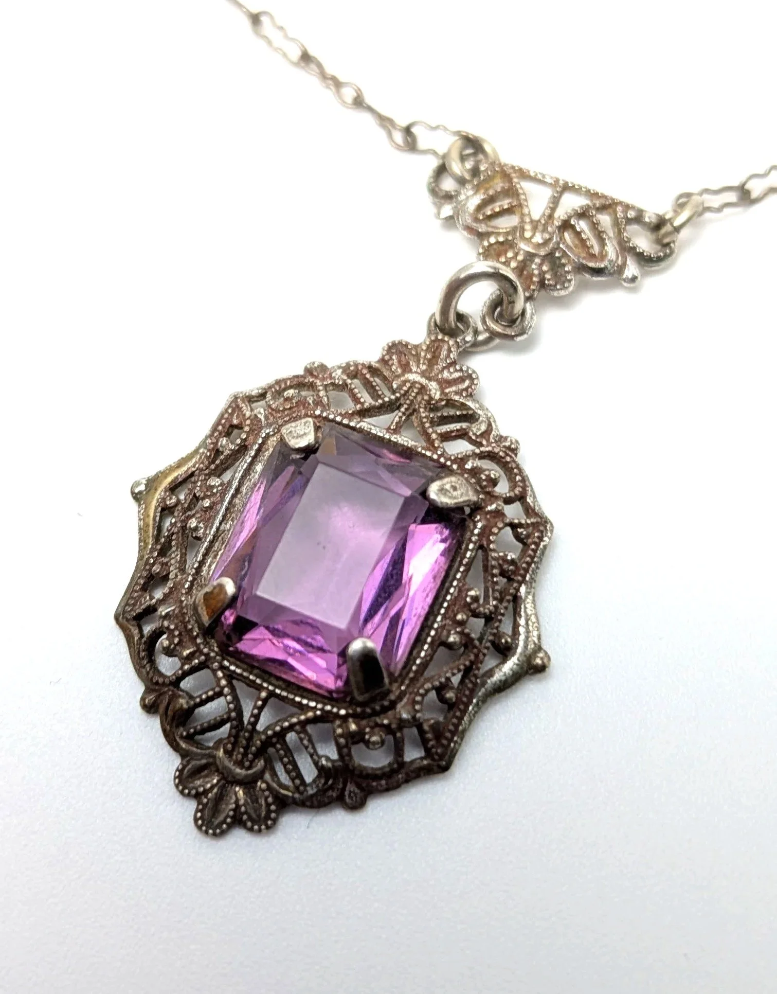 Art+Deco+Sterling+Silver+Filigree+Necklace+Purple+Glass+Peanut+Chain+2.jpg