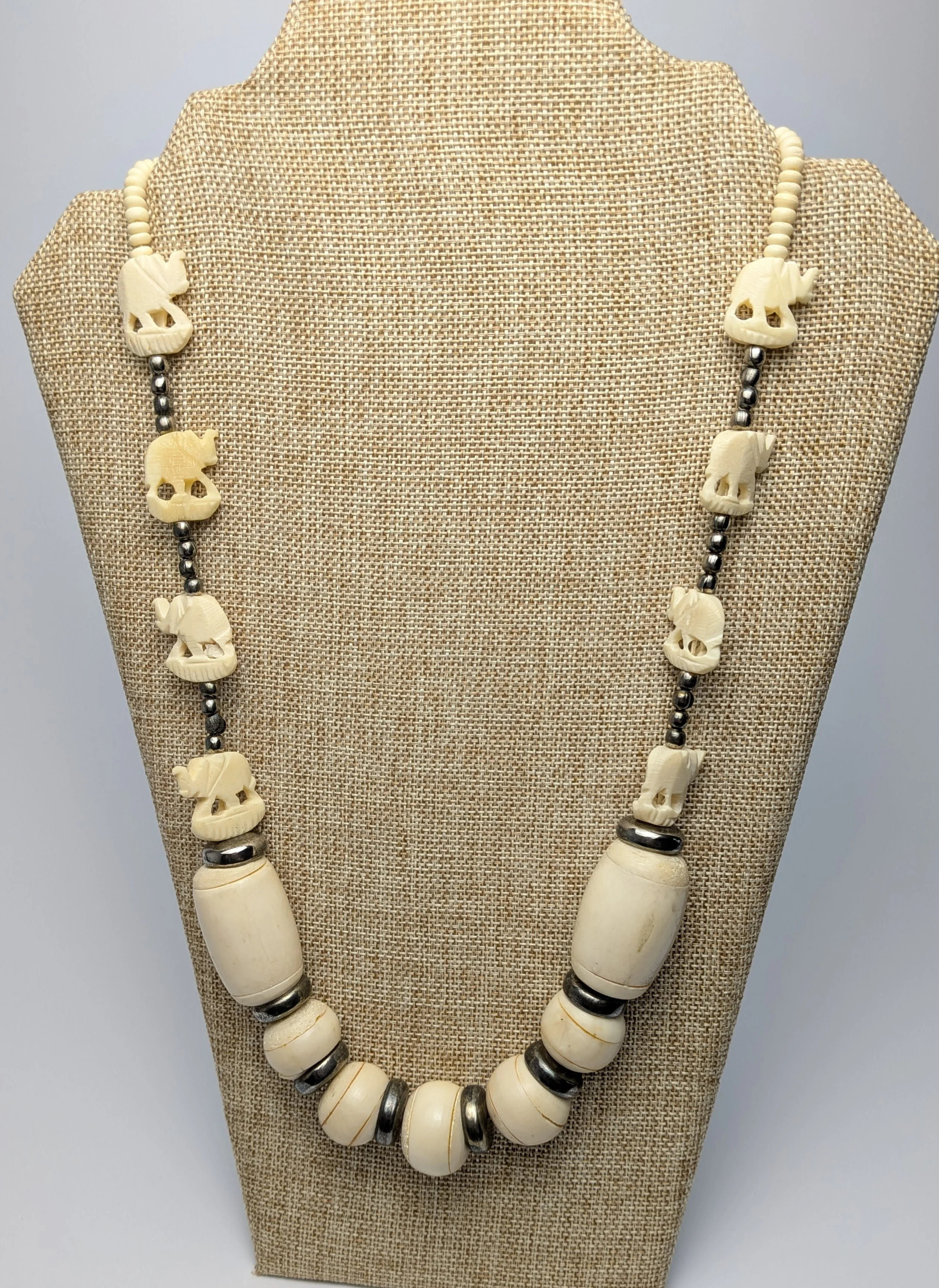 Carved Bovine Bone Necklace Elephants Safari Tribal Boho Statement 7.jpg