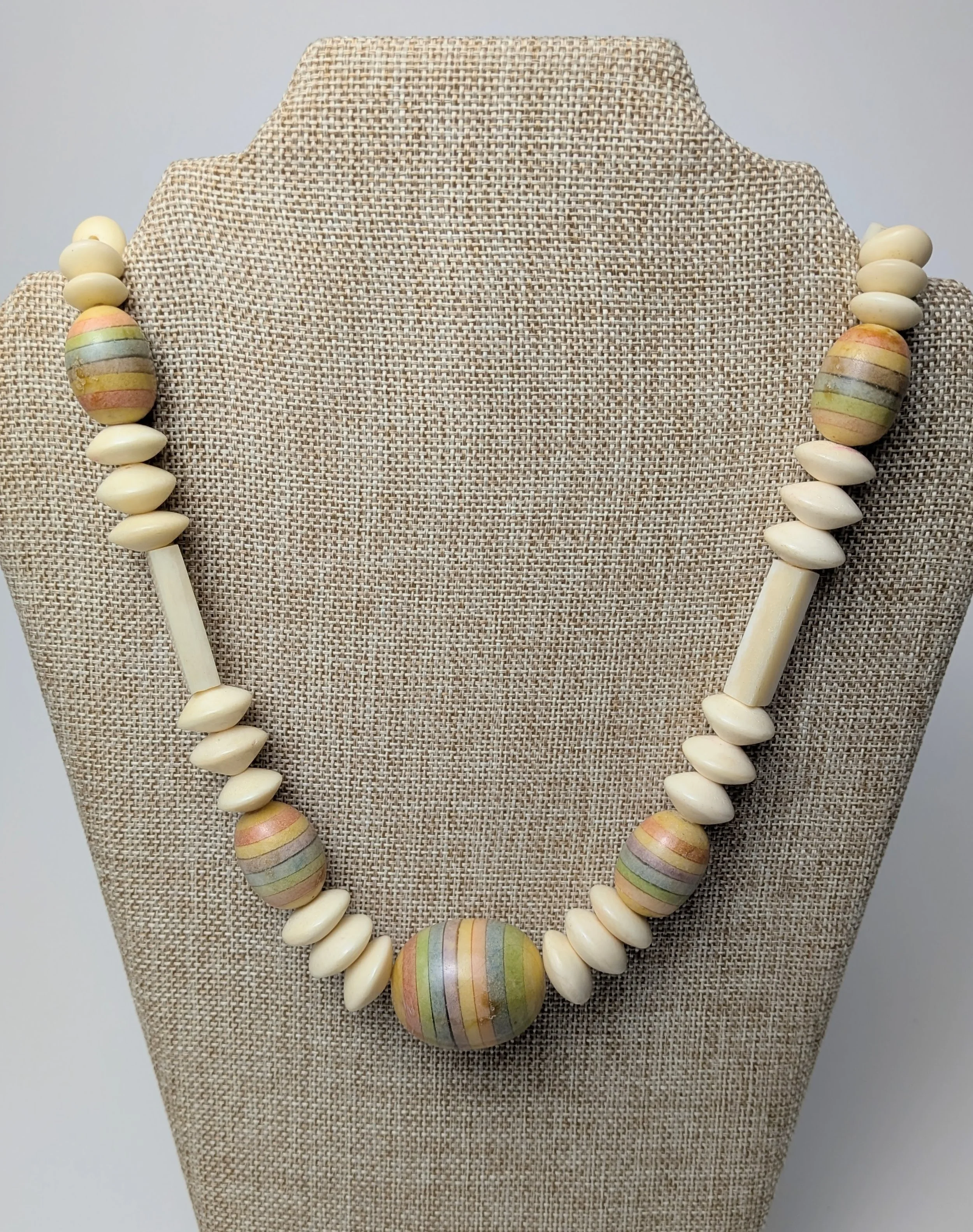Wood Bead Necklace Pastel Striped Artisan Boho 6.jpg