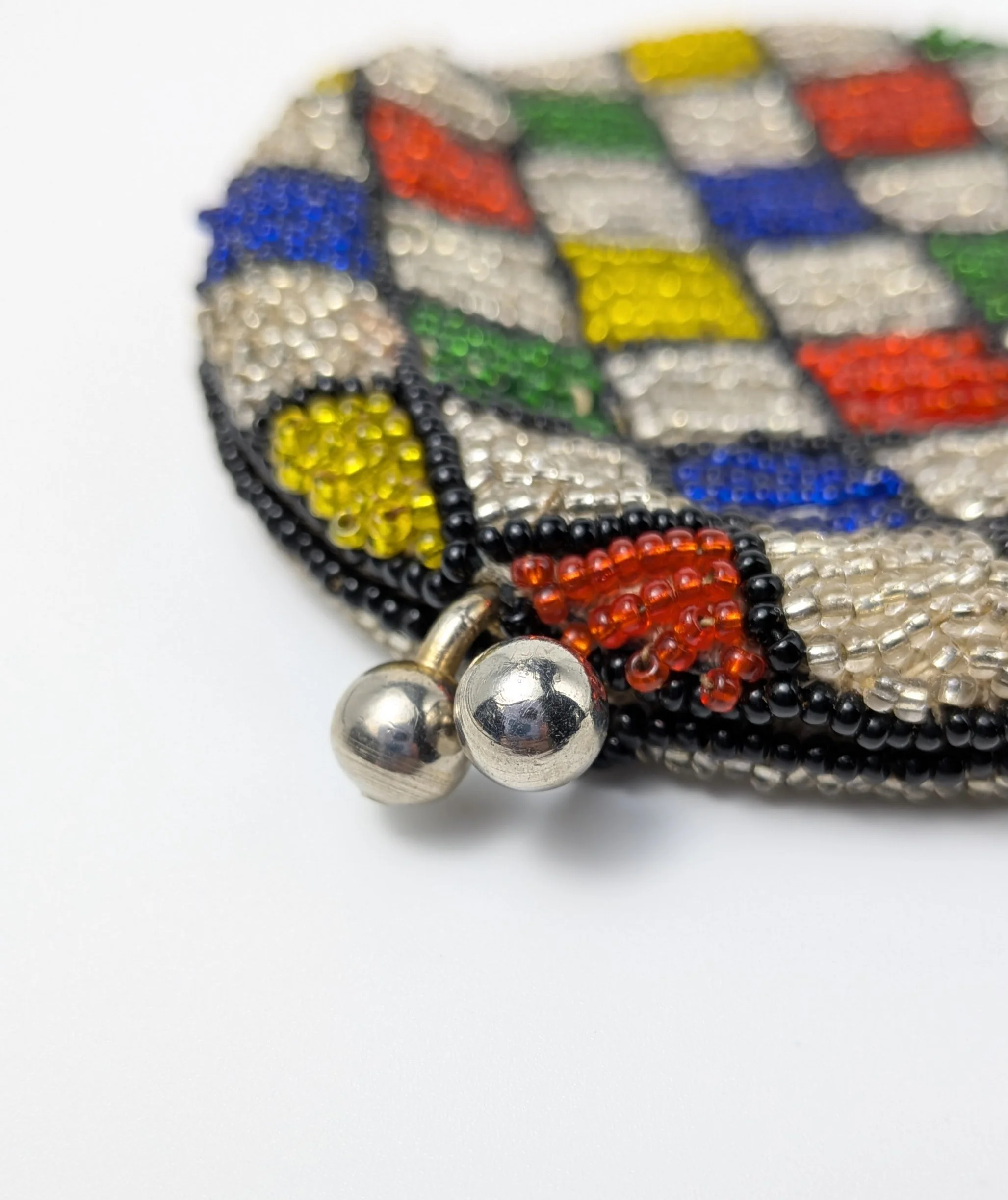 Vintage Art Deco Glass Beaded Coin Purse Multicolor Checkerboard Harlequin