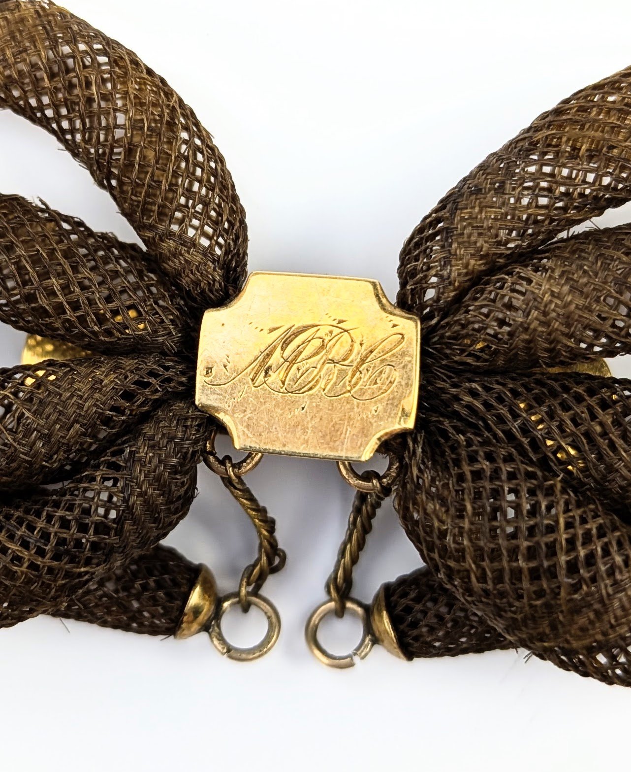 Antique Victorian Woven Hair Mourning Brooch Bow Gold Filled Monogram Oddities 6.jpg