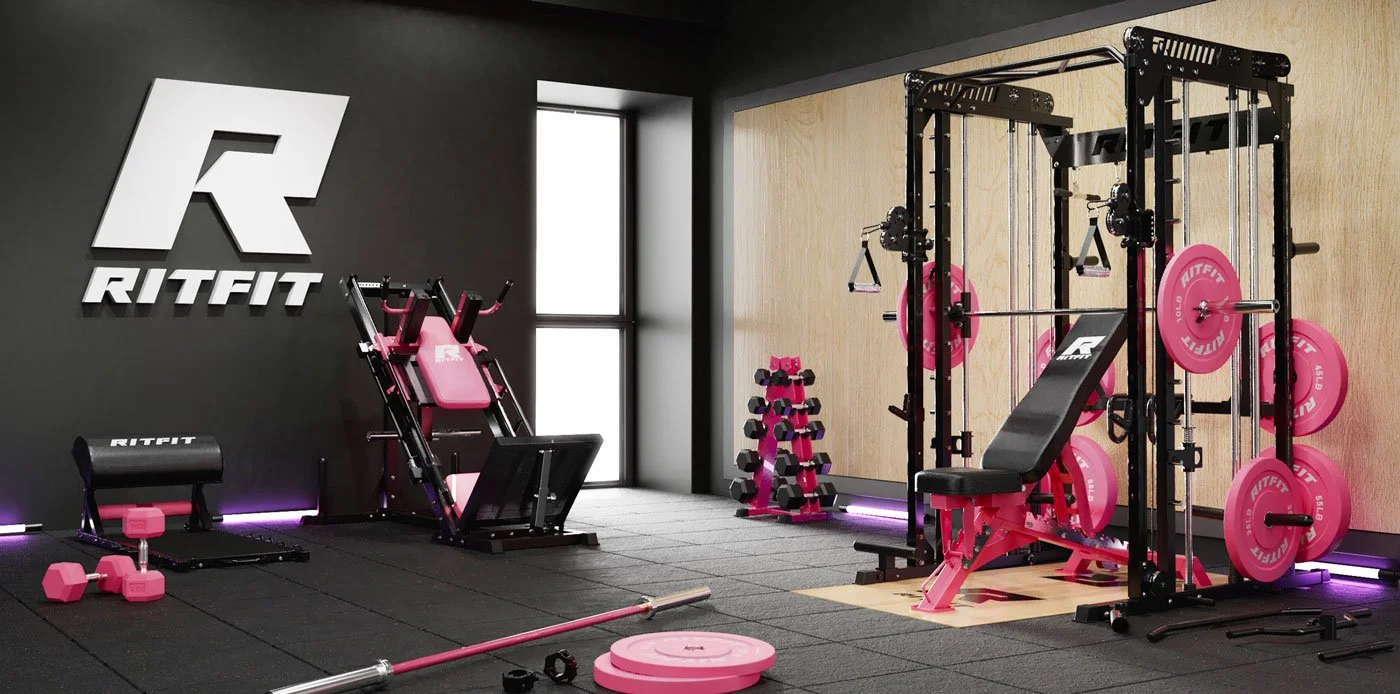 A modern gym with black and light wood walls, illuminated with purple strip lighting. The gym features various fitness equipment including pink weights, a weightlifting rack, a bench, dumbbells, and a step platform, all branded with the RITFIT logo.