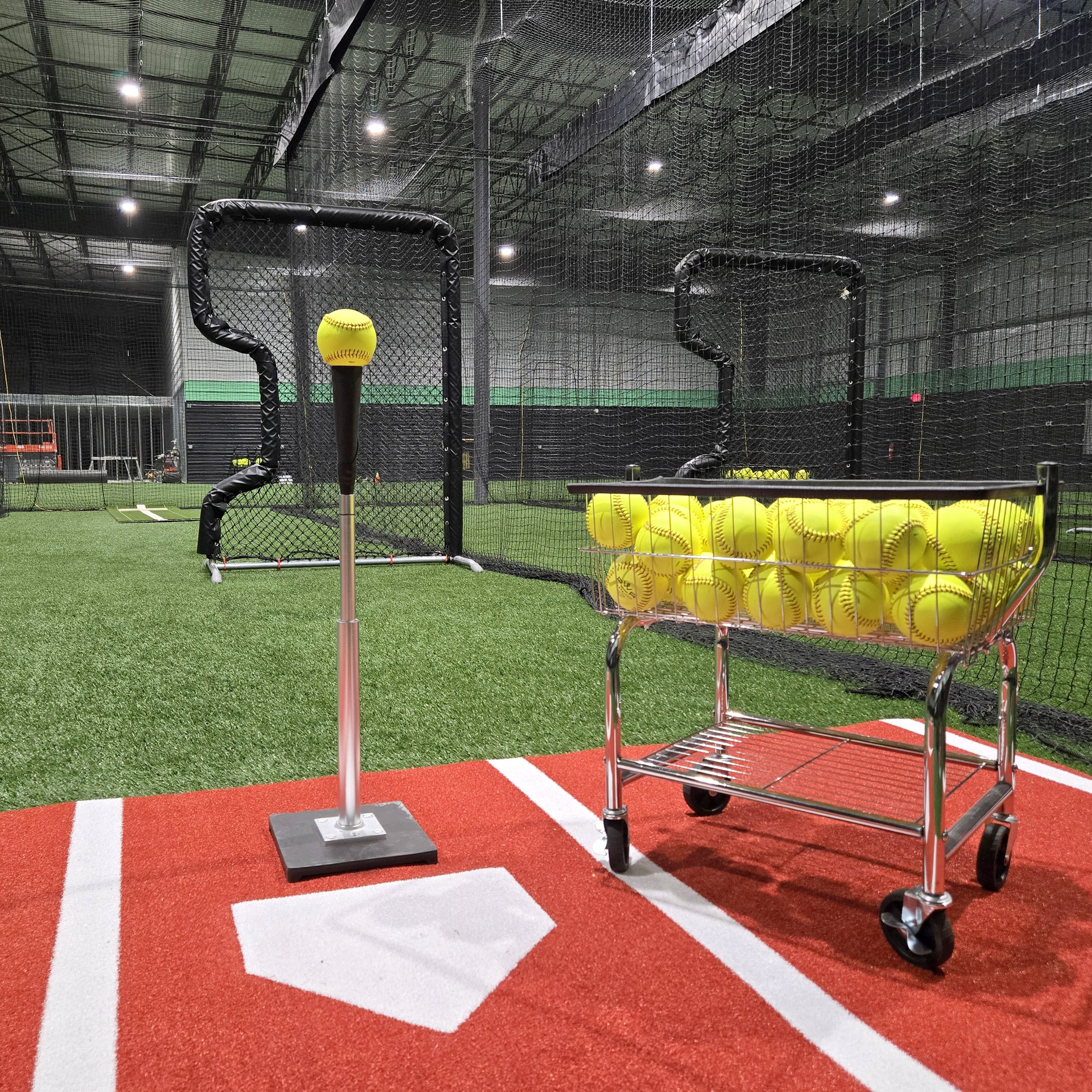 Each tunnel comes equipped with a tee, pitching screen, 11" and 12" real leather PWR fastpitch softballs in wheeled baskets!