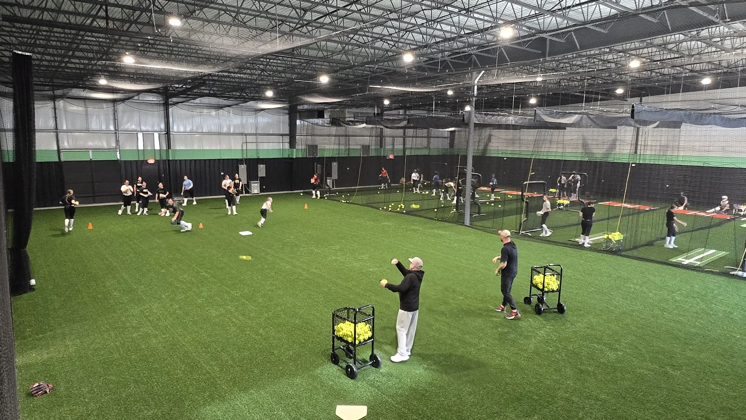 Our indoor field can be used as a full 100 x 55 or split into 2, 50 x 50 fields.  The 20 foot ceiling adds greater capabilities to your practice.  