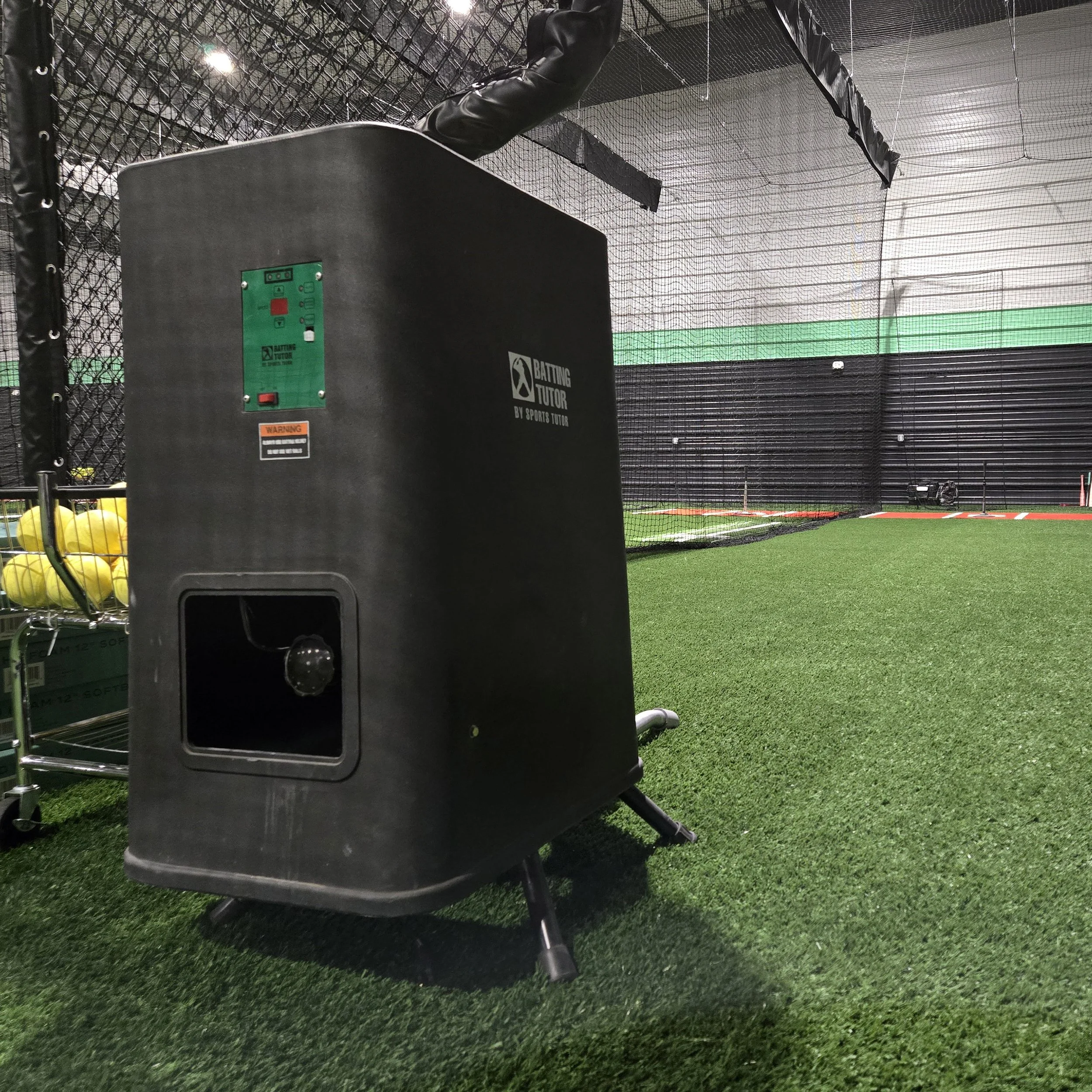 1 tunnel is equipped with a Sport Tudor pitching machine for basic 30-60 MPH fastballs.  Lite-Flight balls only.  Get an accurate pitch with no sting.  Holds up to 60 lite-flight balls (included).