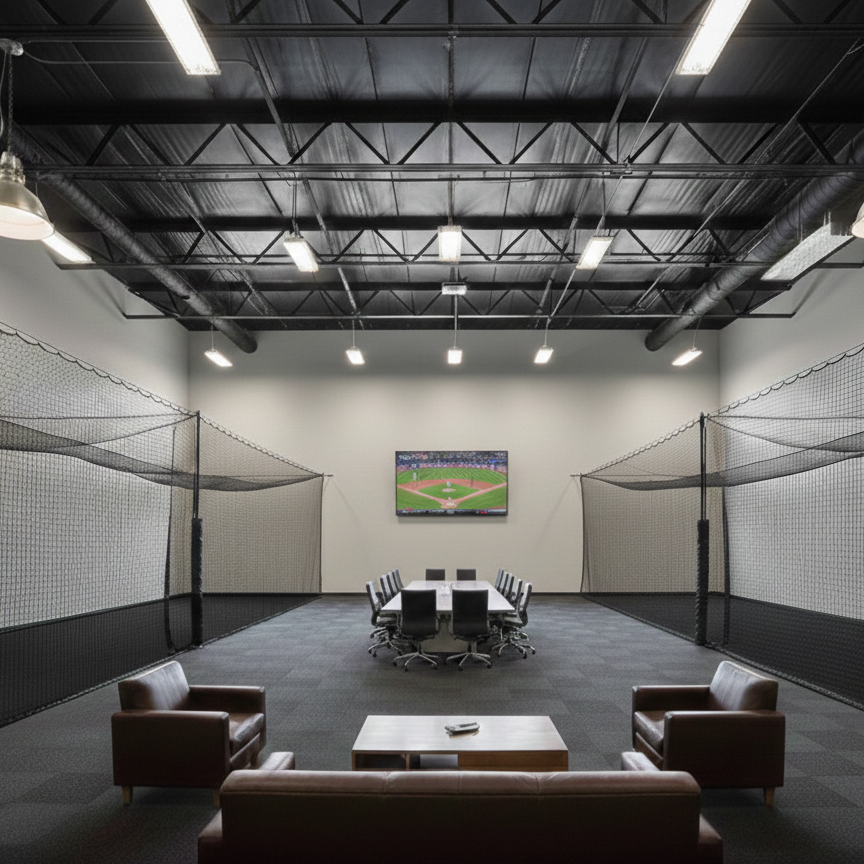 Our upstairs training area will house our HitTrax system.  Also, a great place to have a team meeting.  Inquire for availability.