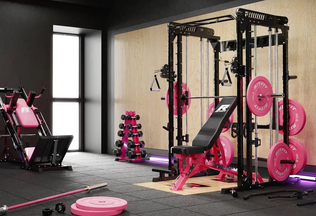 As a member, you get access to our full gym.  Included are 2 custom pink RitFit racks, leg press and dumbbells.